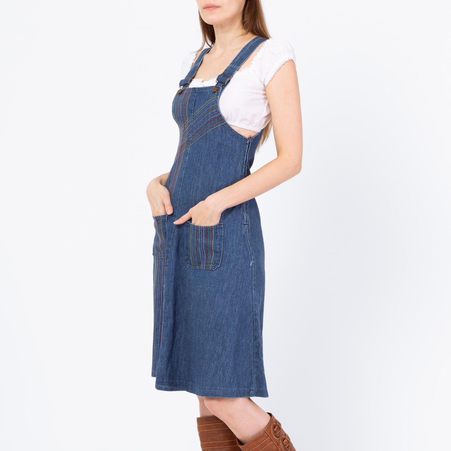 Vintage 70s Rainbow Stitch Denim Pinafore Dress - Extra Small | Boho A Line Mini Overall Jean Dress