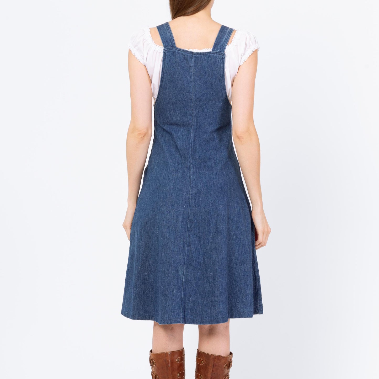 Vintage 70s Rainbow Stitch Denim Pinafore Dress - Extra Small | Boho A Line Mini Overall Jean Dress