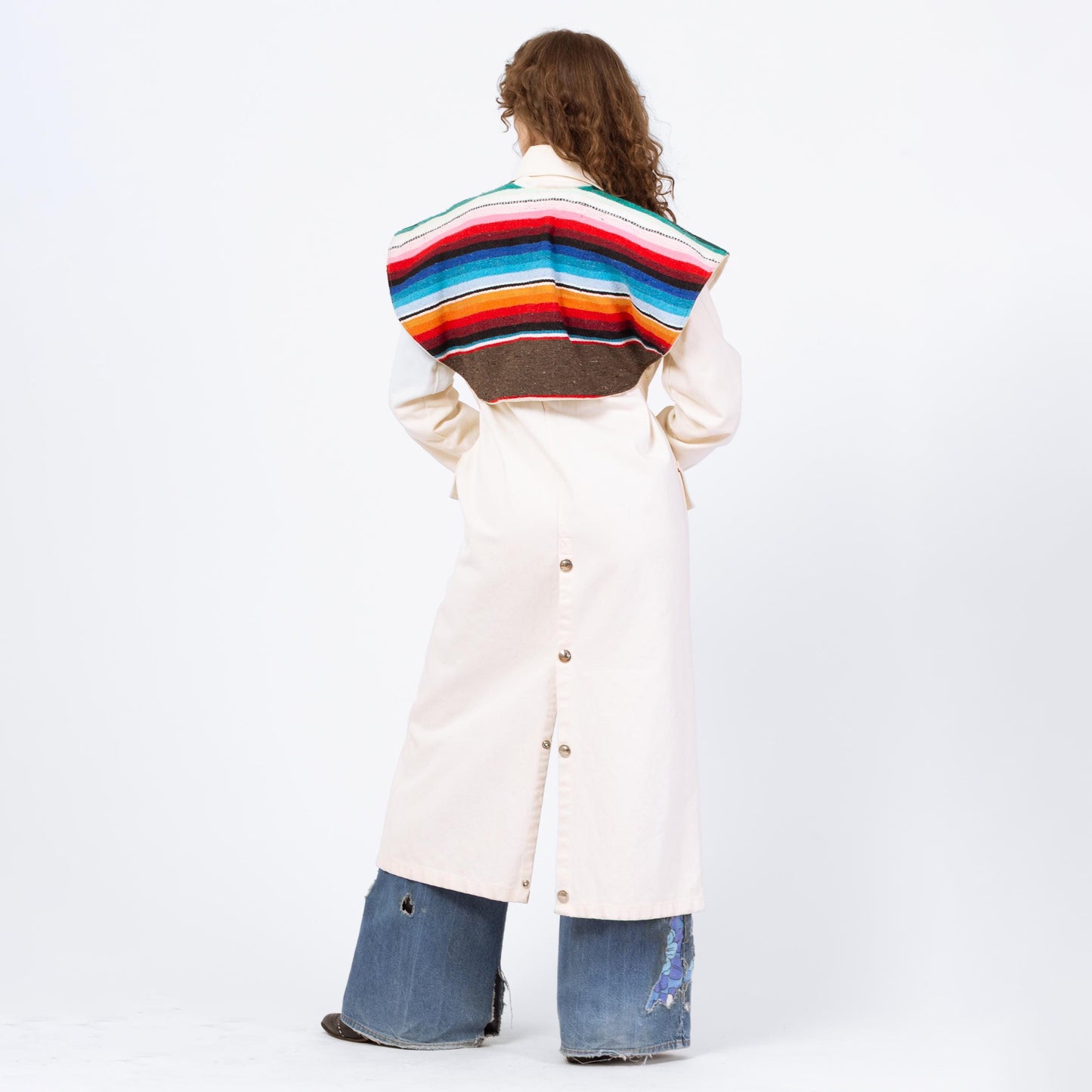 Vintage 70s 80s Western Stockman White Denim Trench Coat - One Size | Serape Blanket Striped Long Snap Up Duster Jacket