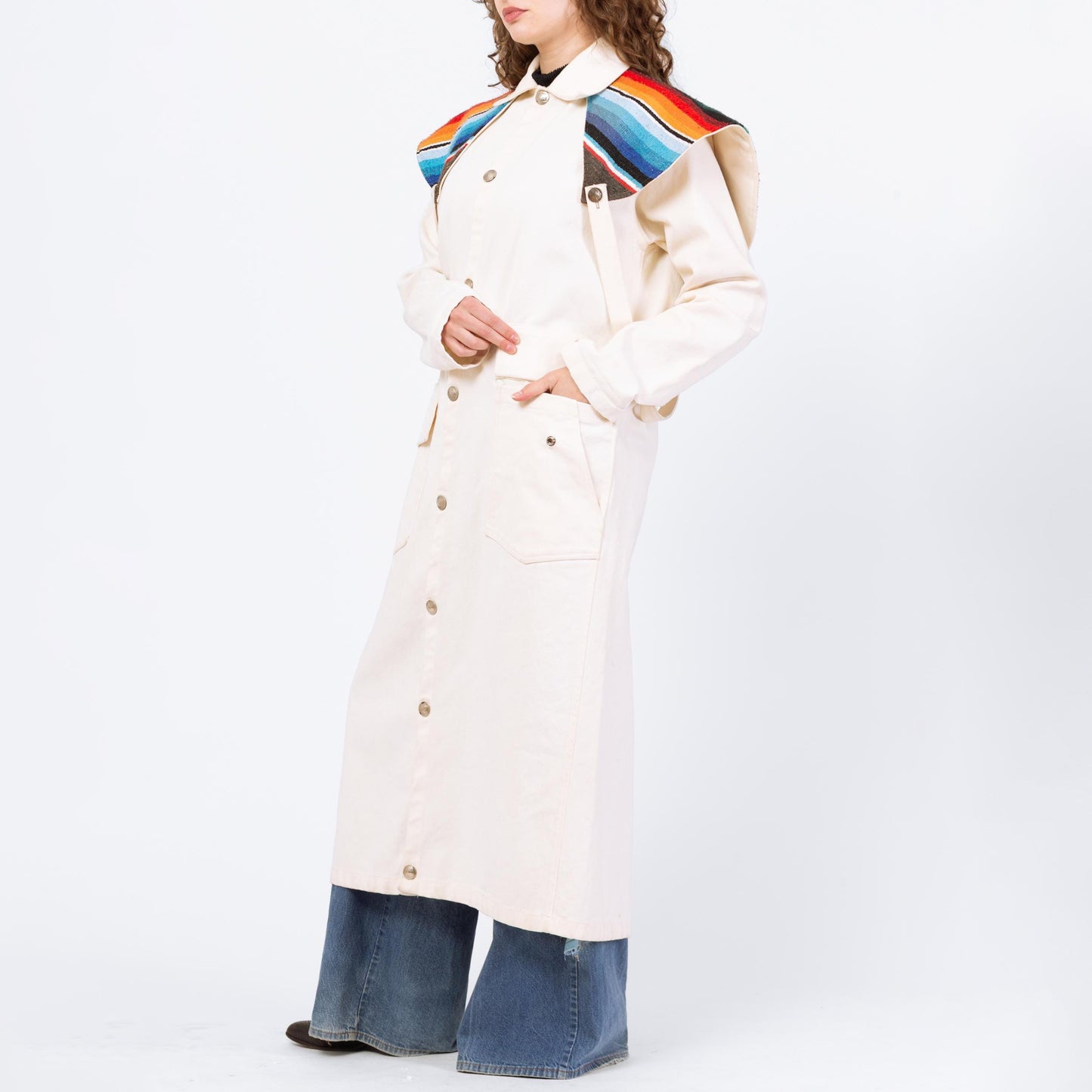 Vintage 70s 80s Western Stockman White Denim Trench Coat - One Size | Serape Blanket Striped Long Snap Up Duster Jacket