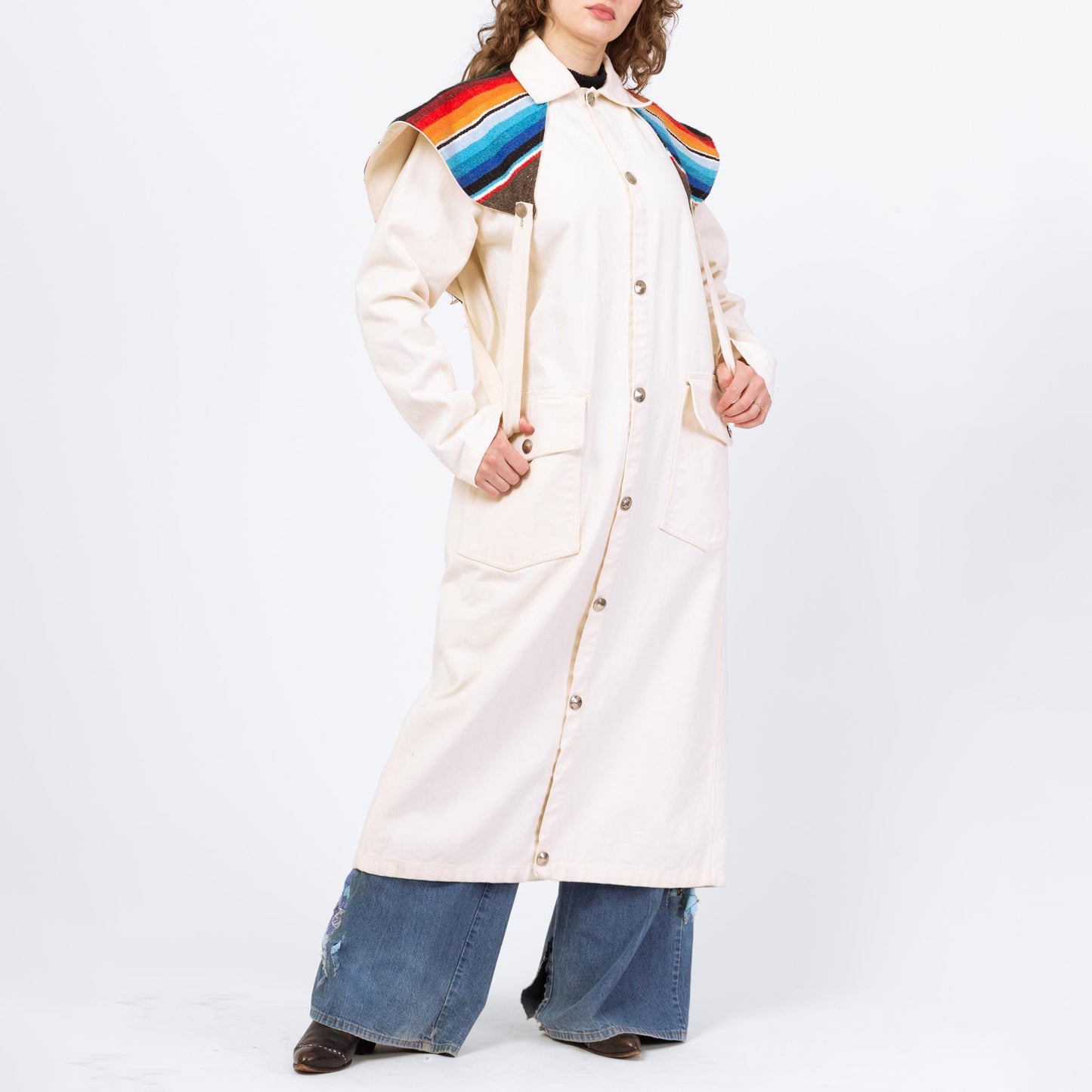 Vintage 70s 80s Western Stockman White Denim Trench Coat - One Size | Serape Blanket Striped Long Snap Up Duster Jacket