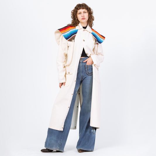 Vintage 70s 80s Western Stockman White Denim Trench Coat - One Size | Serape Blanket Striped Long Snap Up Duster Jacket