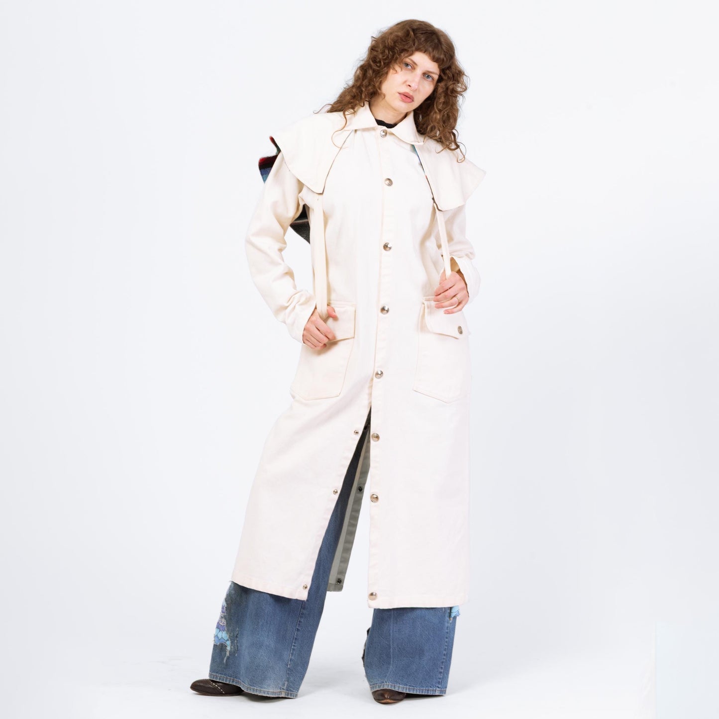 Vintage 70s 80s Western Stockman White Denim Trench Coat - One Size | Serape Blanket Striped Long Snap Up Duster Jacket