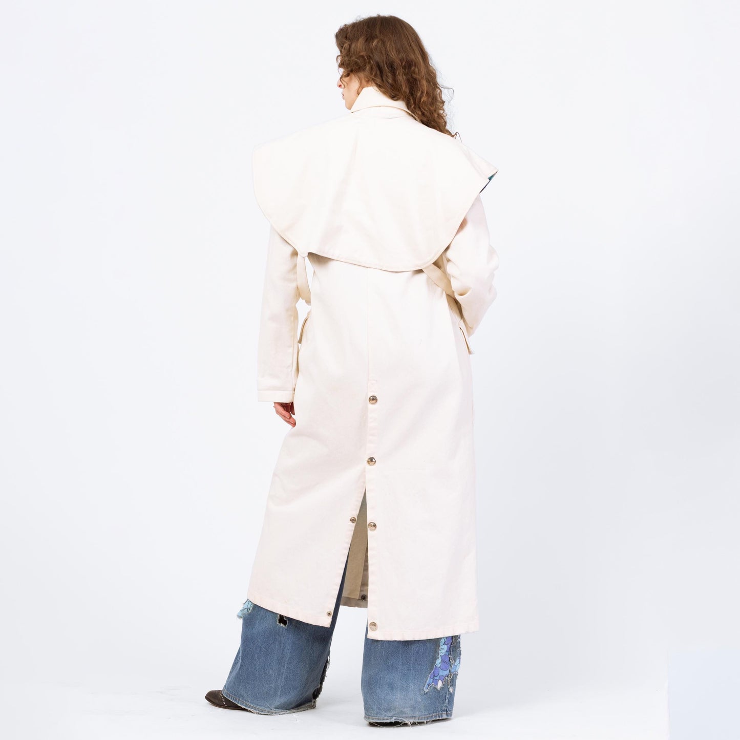 Vintage 70s 80s Western Stockman White Denim Trench Coat - One Size | Serape Blanket Striped Long Snap Up Duster Jacket