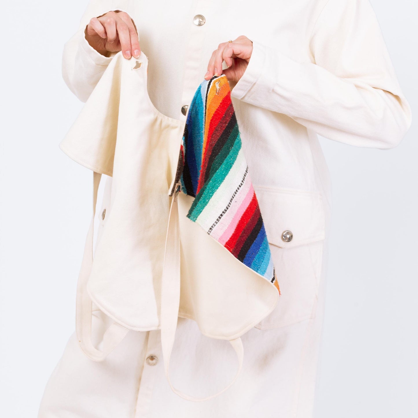 Vintage 70s 80s Western Stockman White Denim Trench Coat - One Size | Serape Blanket Striped Long Snap Up Duster Jacket