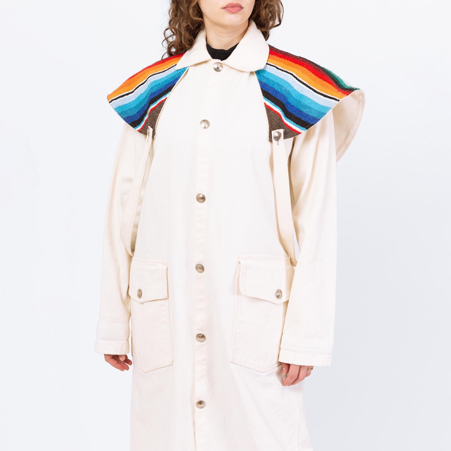 Vintage 70s 80s Western Stockman White Denim Trench Coat - One Size | Serape Blanket Striped Long Snap Up Duster Jacket