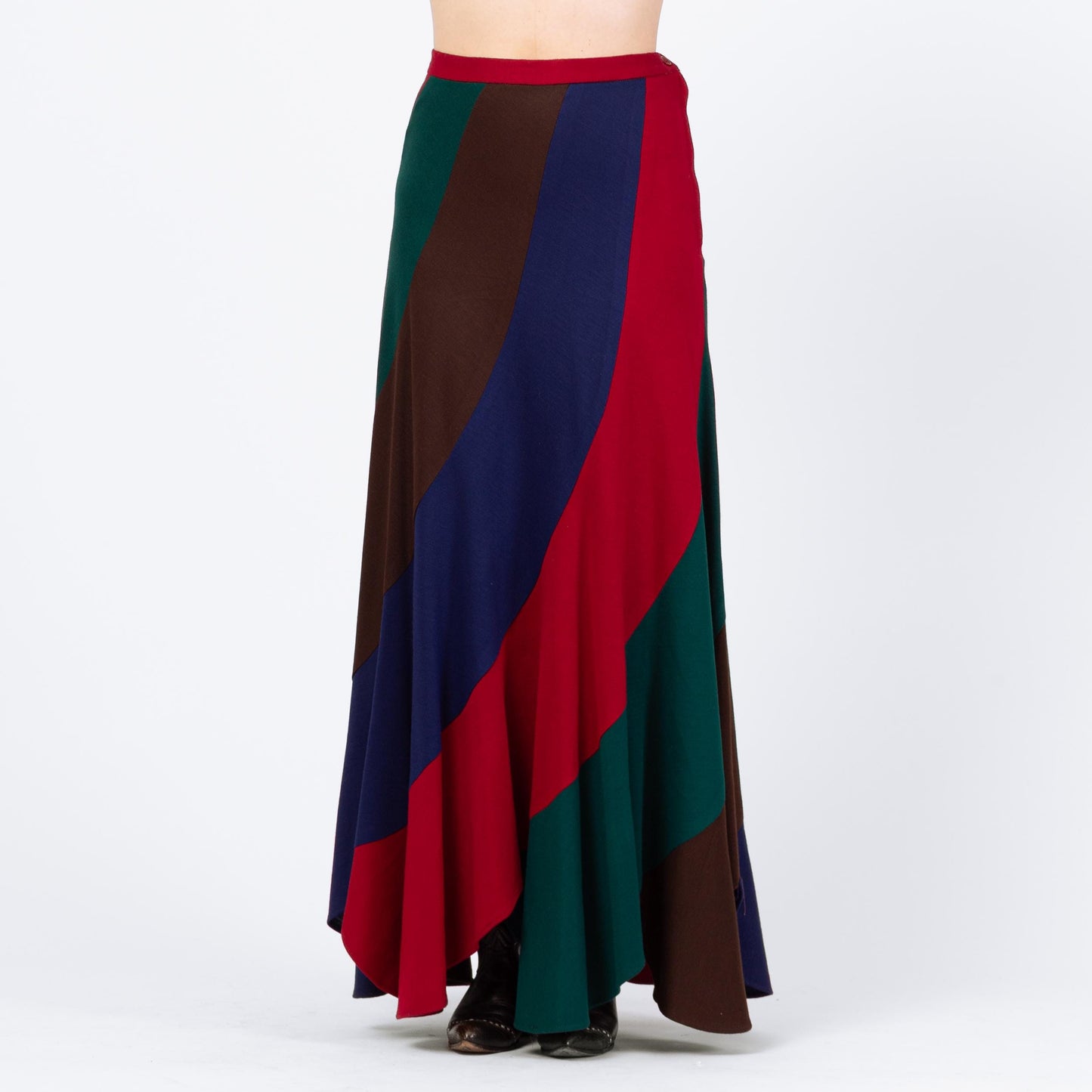 Vintage 70s Mod Jewel Tone Striped Maxi Skirt, NWT - Medium, 28" | High Waisted Scalloped Hem Long Hippie Skirt