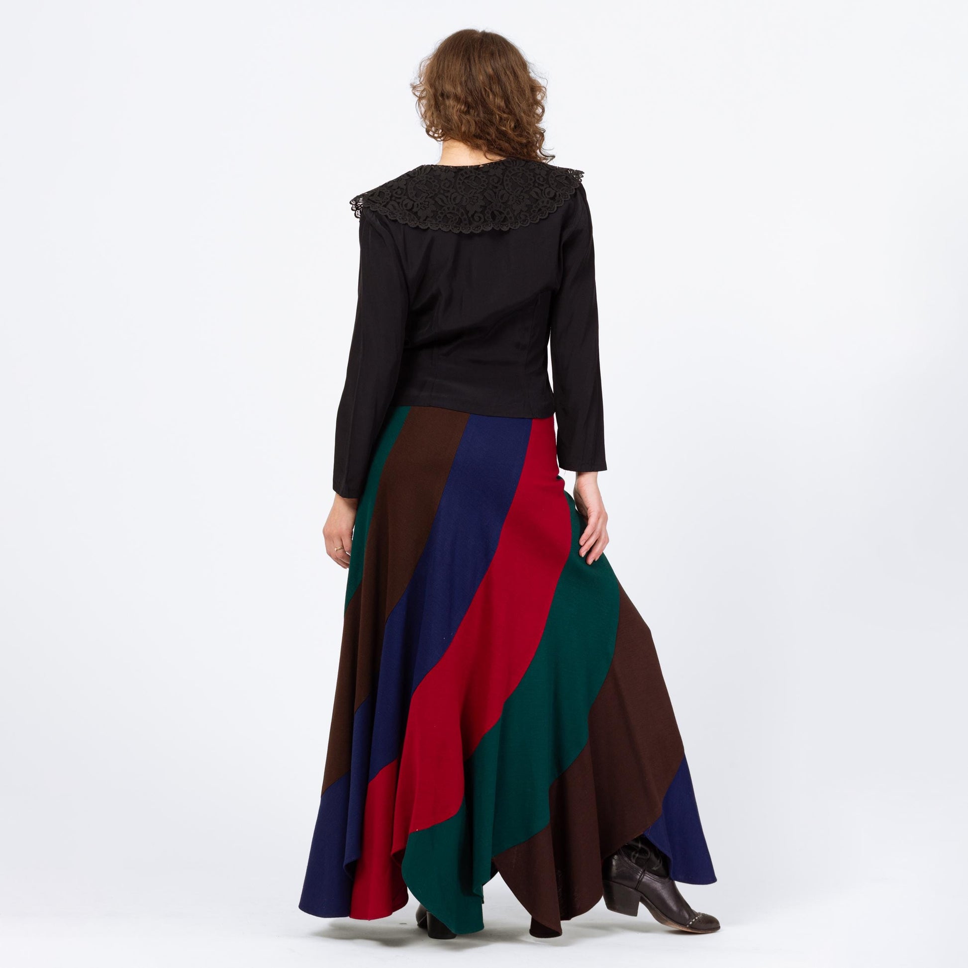 Vintage 70s Mod Jewel Tone Striped Maxi Skirt, NWT - Medium, 28" | High Waisted Scalloped Hem Long Hippie Skirt