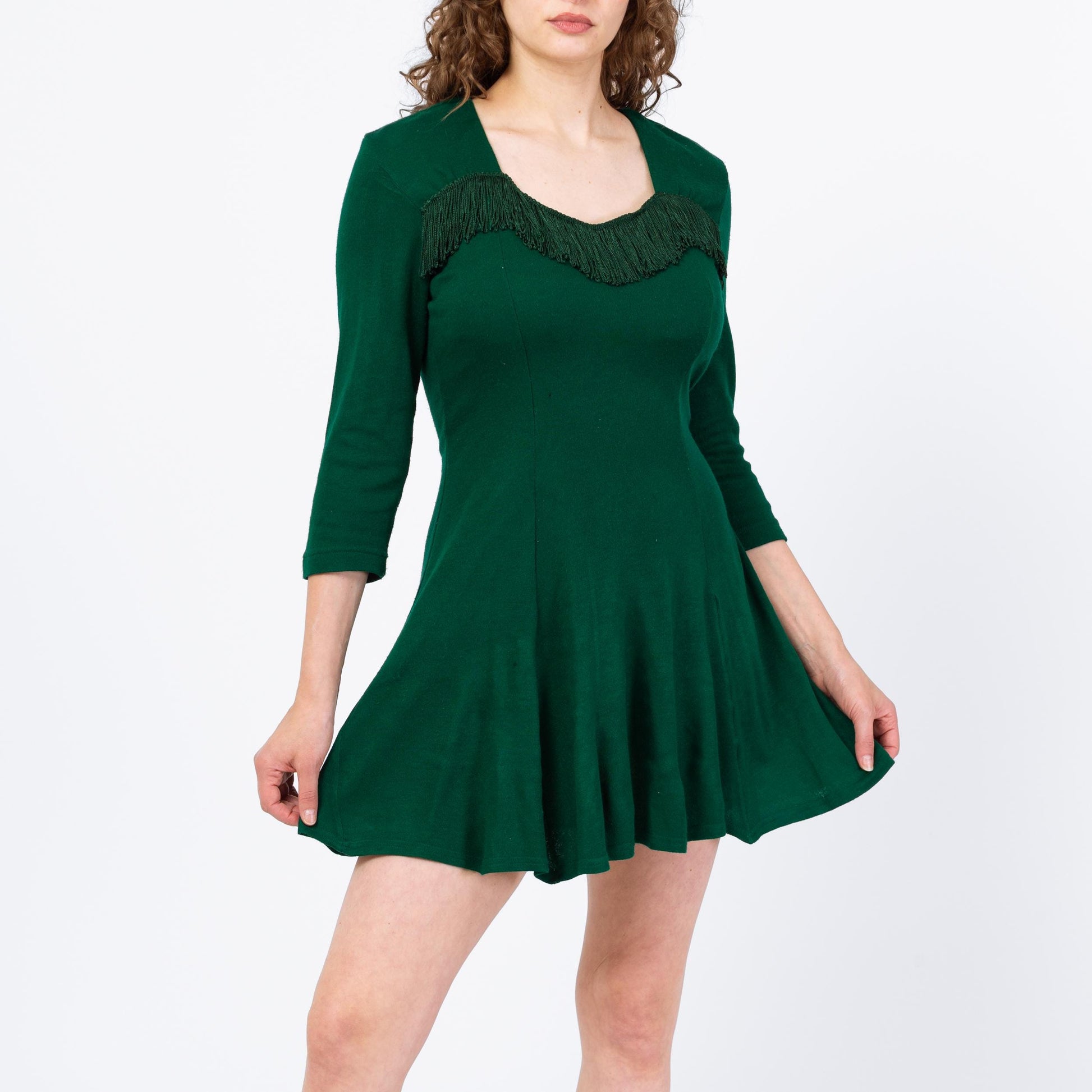 Vintage 90s Emerald Green Fringe Mini Dress - Medium | Western 3/4 Sleeve Fit Flare Holiday Party Dress