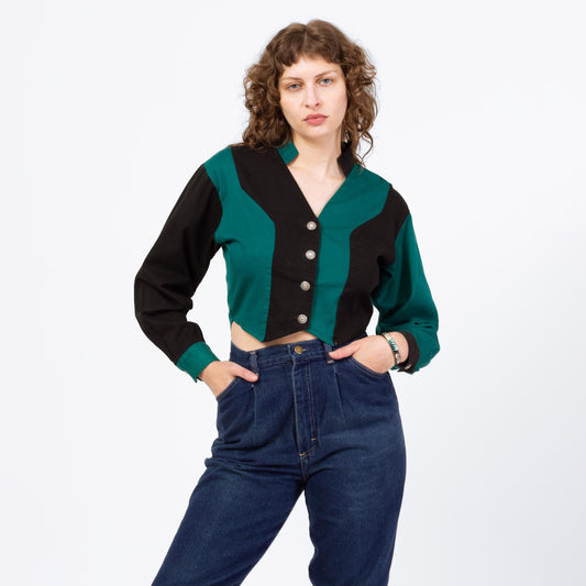 Vintage 90s Western Teal & Black Color Block Crop Top - Small | Banjo Texas Long Sleeve Collared Cropped Shirt
