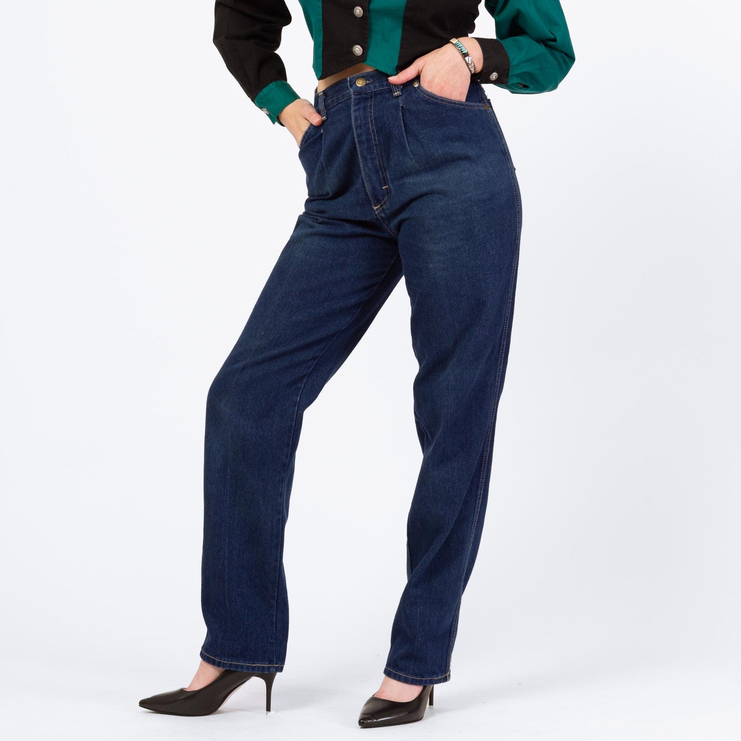 Vintage 80s Dark Wash High Waisted Mom Jeans - Medium, 28" Waist | Tapered Leg Pleated Denim Jeans