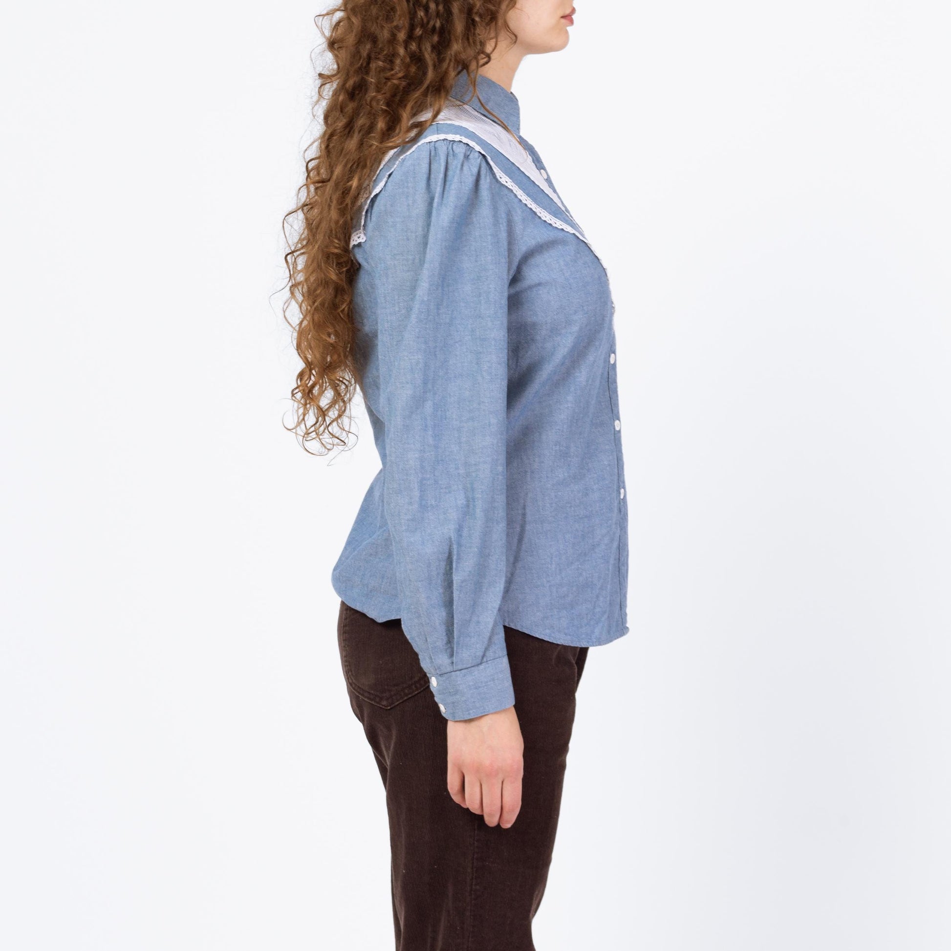 Vintage 70s Chambray Lace Yoke Western Shirt - Medium | Boho Collared Button Up Prairie Top