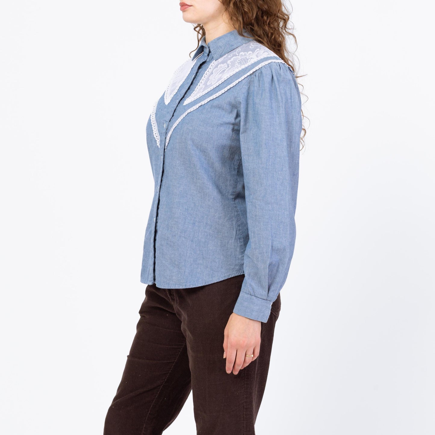Vintage 70s Chambray Lace Yoke Western Shirt - Medium | Boho Collared Button Up Prairie Top
