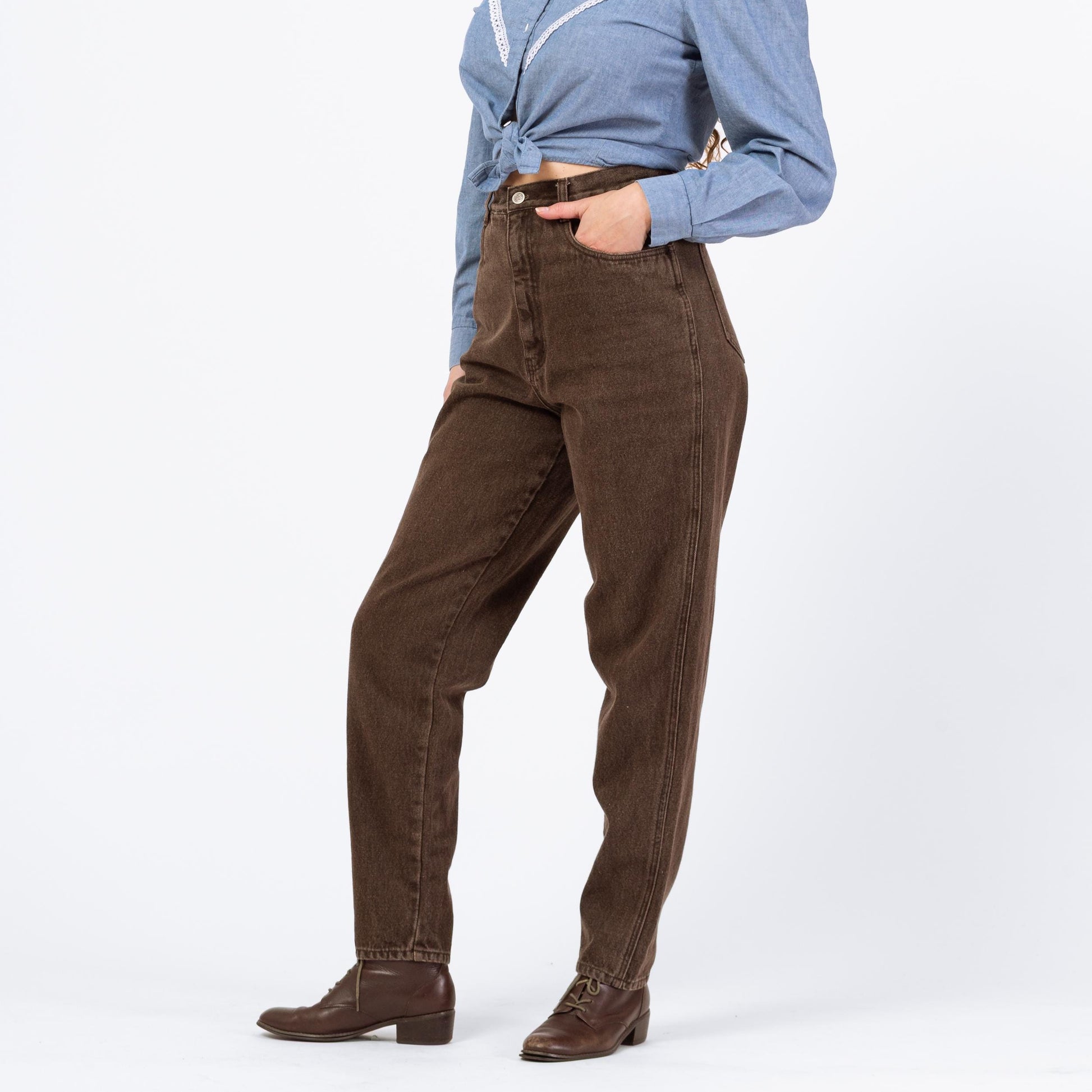Vintage 90s Faded Brown High Waisted Jeans - Medium, 28" Waist | Denim Tapered Leg Yoked Waist Mom Jeans
