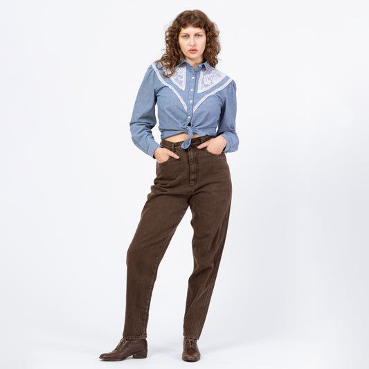 Vintage 90s Faded Brown High Waisted Jeans - Medium, 28" Waist | Denim Tapered Leg Yoked Waist Mom Jeans