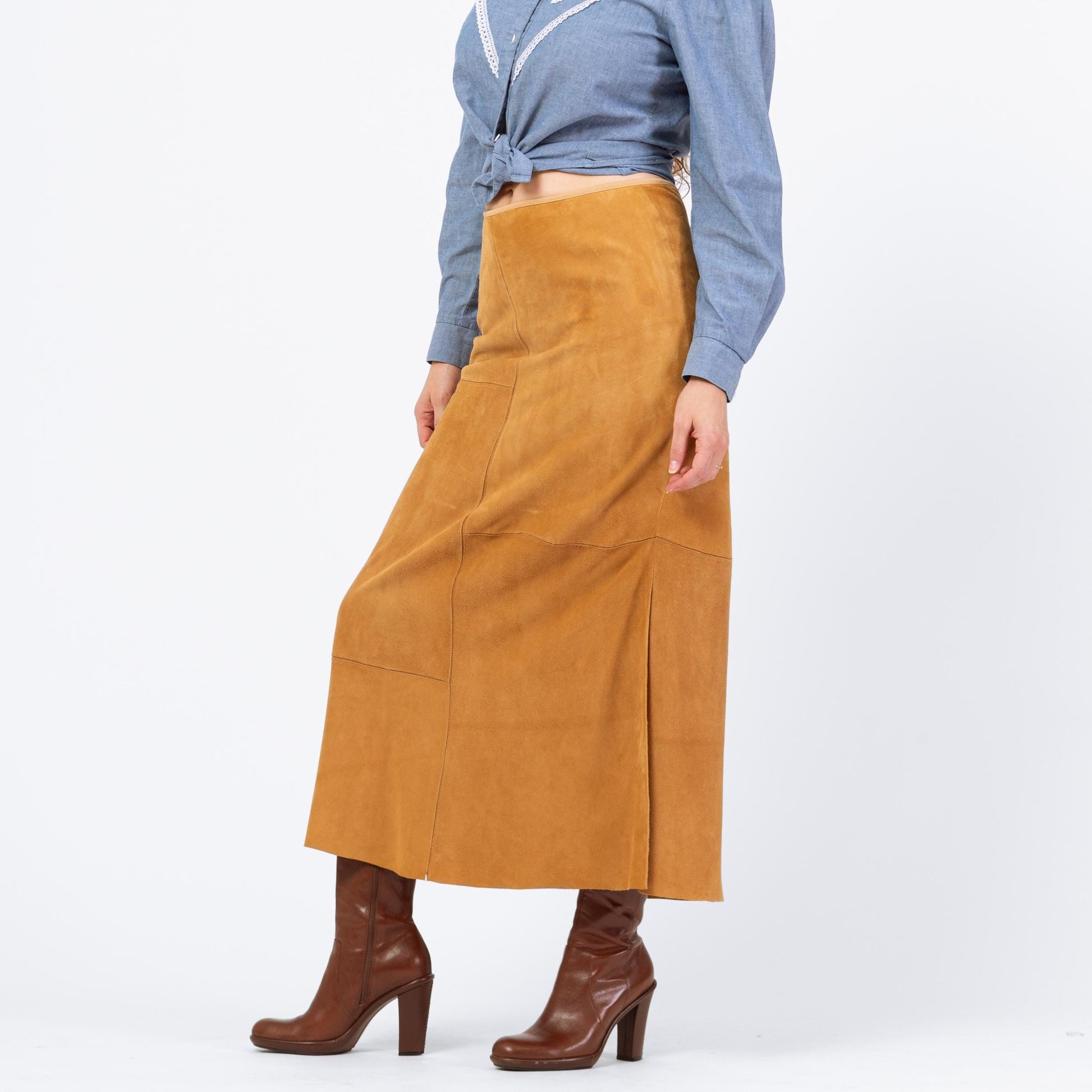 Vintage 90s Boho Tan Suede Patchwork Maxi Skirt - Medium, 29"-30" Waist | Soft Leather High Waisted A Line Long Western Skirt