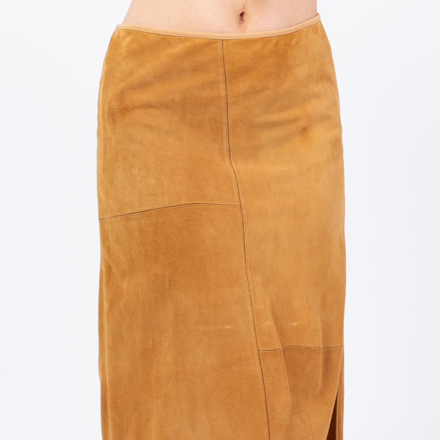 Vintage 90s Boho Tan Suede Patchwork Maxi Skirt - Medium, 29"-30" Waist | Soft Leather High Waisted A Line Long Western Skirt