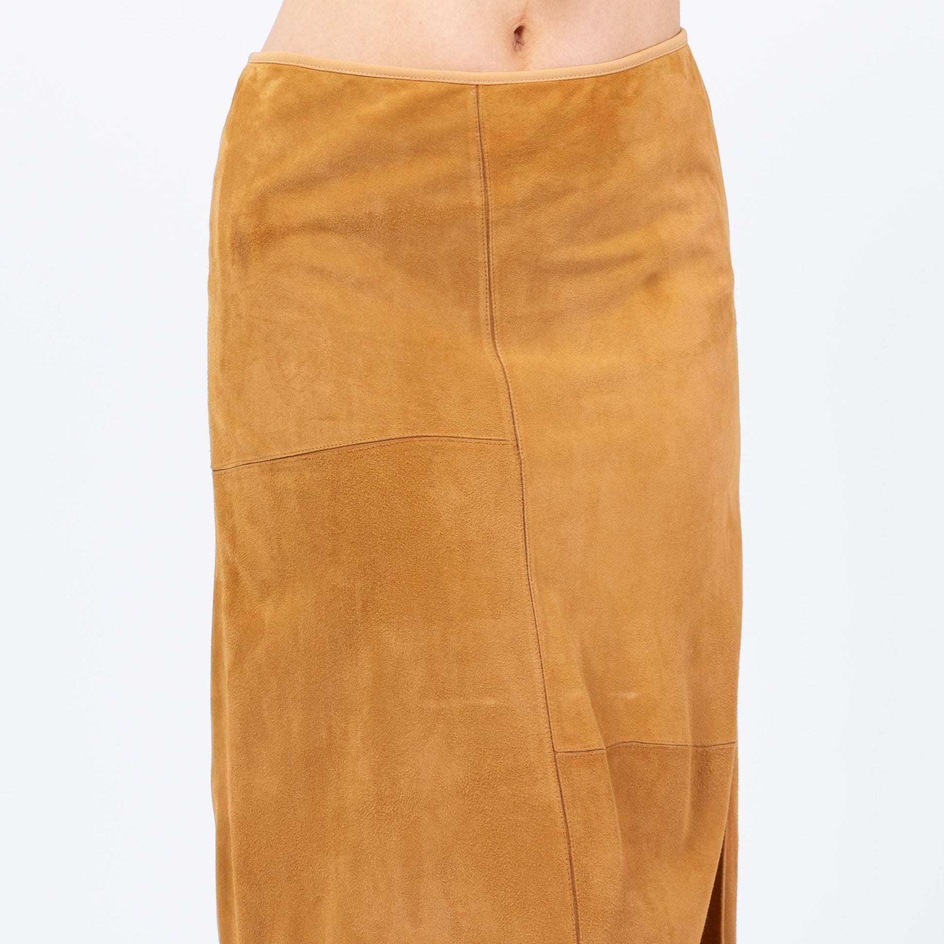 Vintage 90s Boho Tan Suede Patchwork Maxi Skirt - Medium, 29"-30" Waist | Soft Leather High Waisted A Line Long Western Skirt