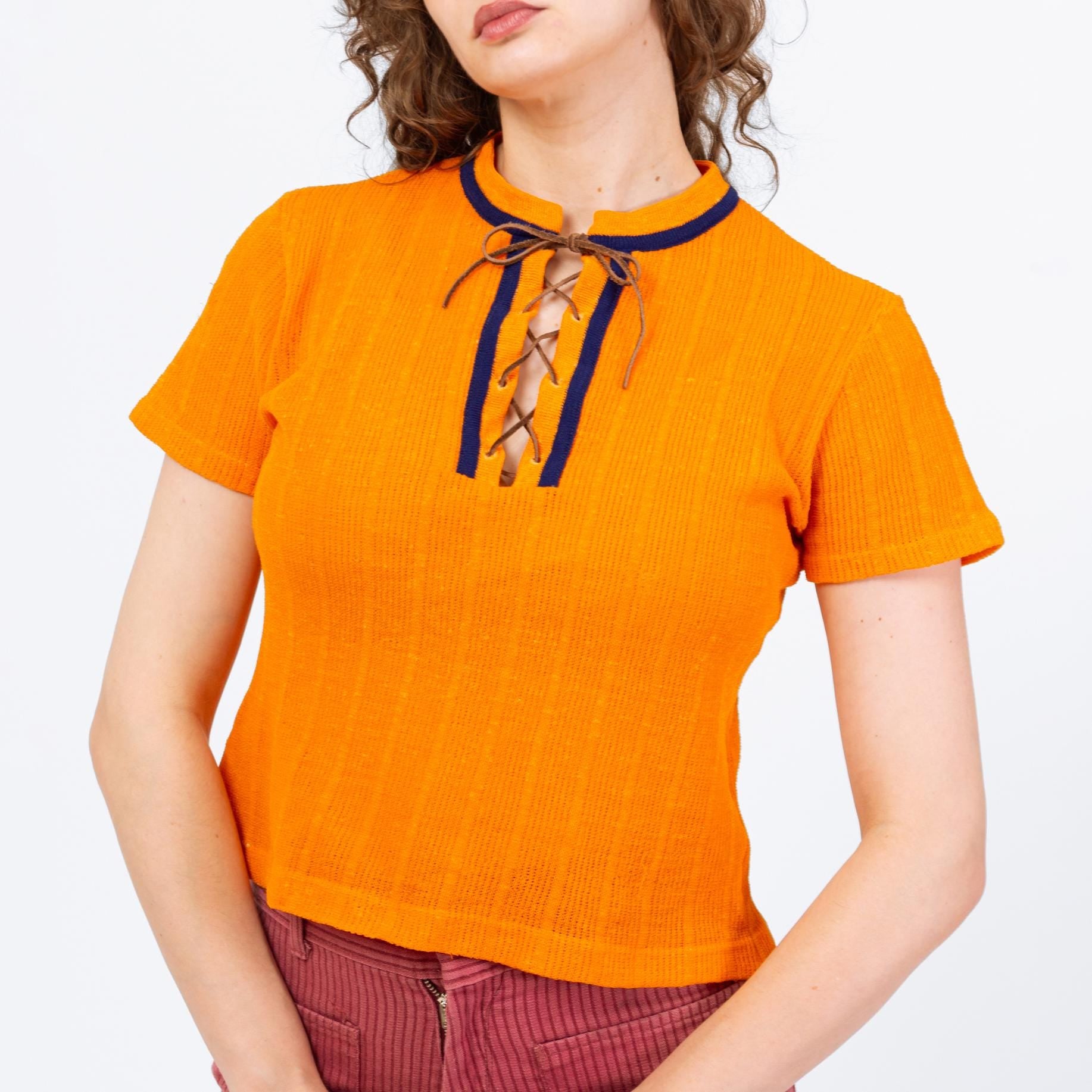 Vintage 60s 70s Orange Knit Lace Up Crop Top - Medium | Boho Short Sleeve Cropped Hippie Shirt