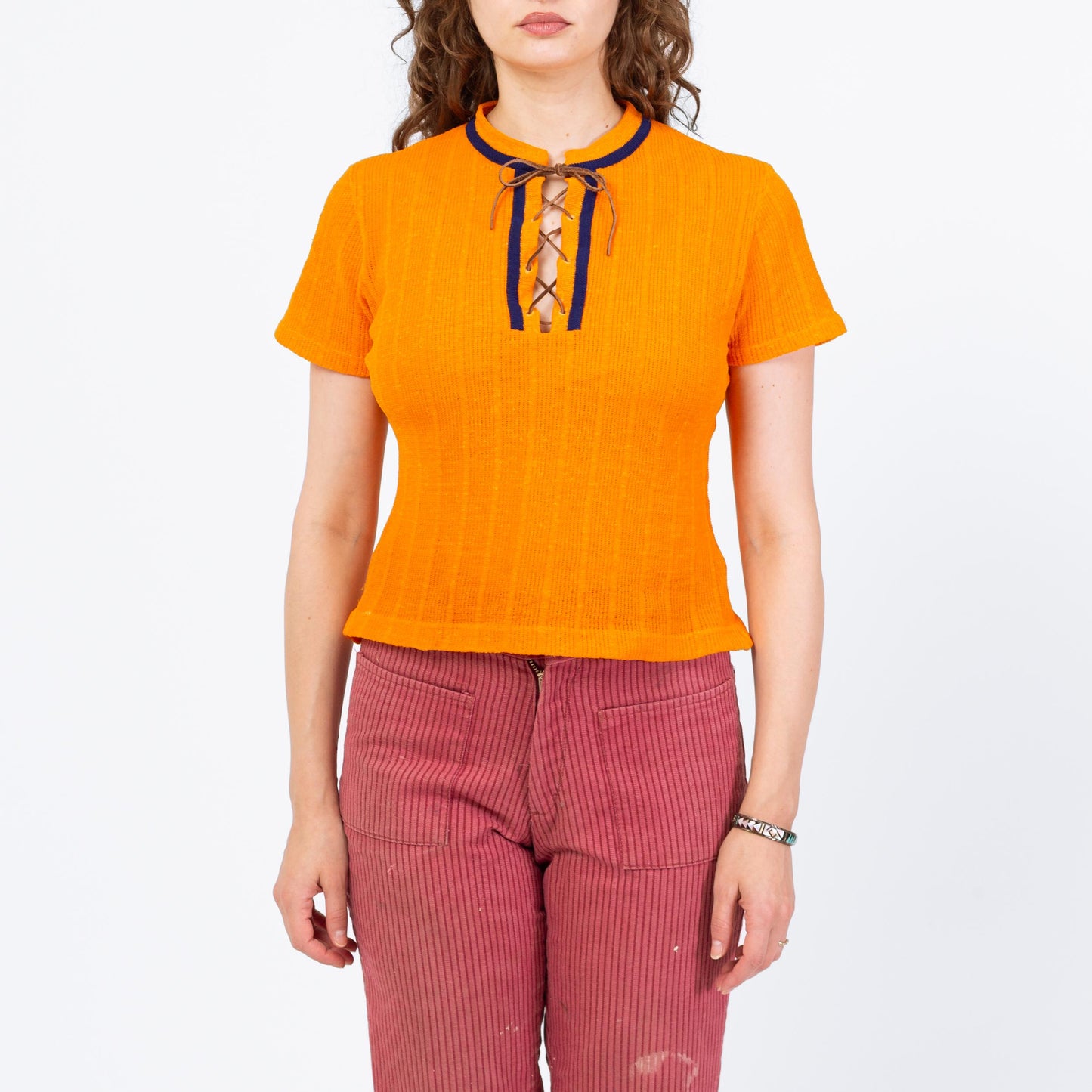 Vintage 60s 70s Orange Knit Lace Up Crop Top - Medium | Boho Short Sleeve Cropped Hippie Shirt