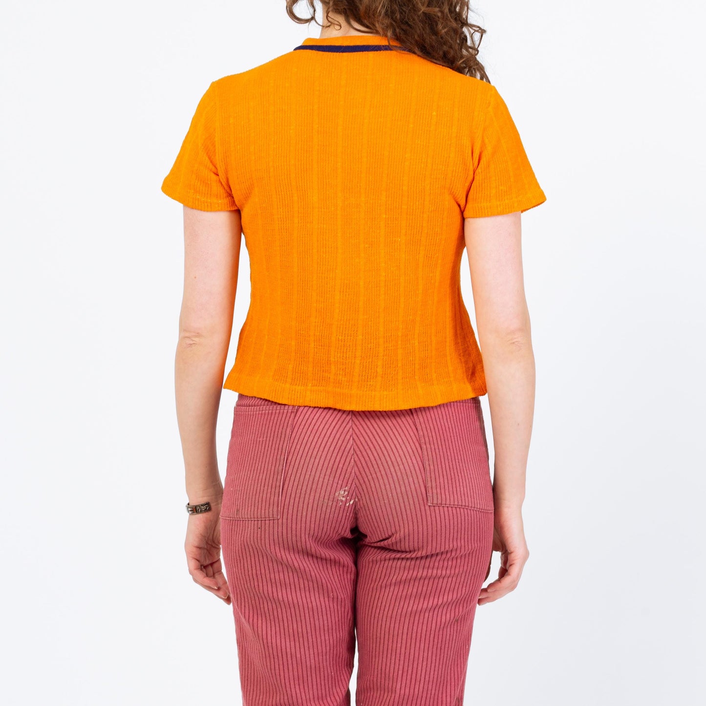 Vintage 60s 70s Orange Knit Lace Up Crop Top - Medium | Boho Short Sleeve Cropped Hippie Shirt