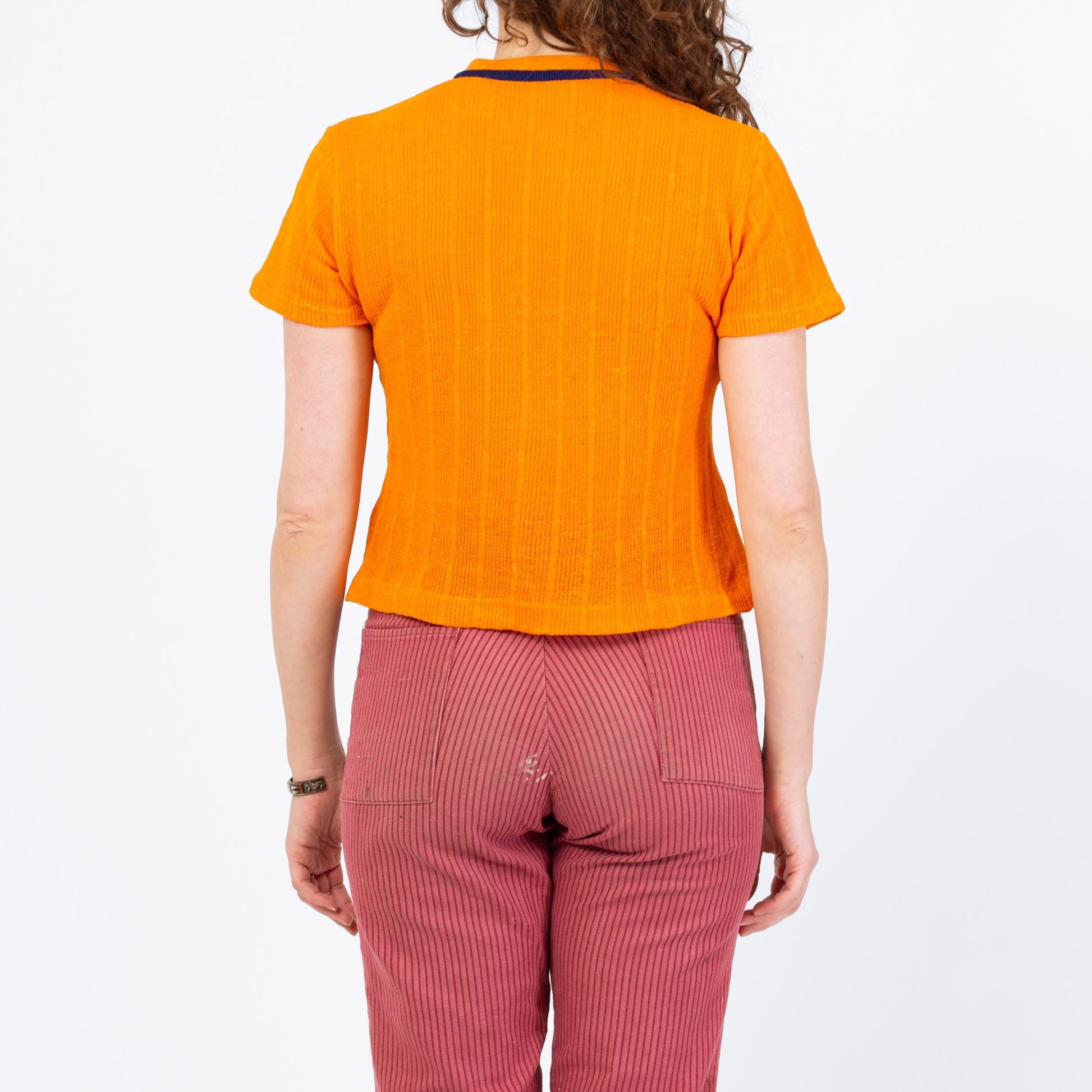 Vintage 60s 70s Orange Knit Lace Up Crop Top - Medium | Boho Short Sleeve Cropped Hippie Shirt