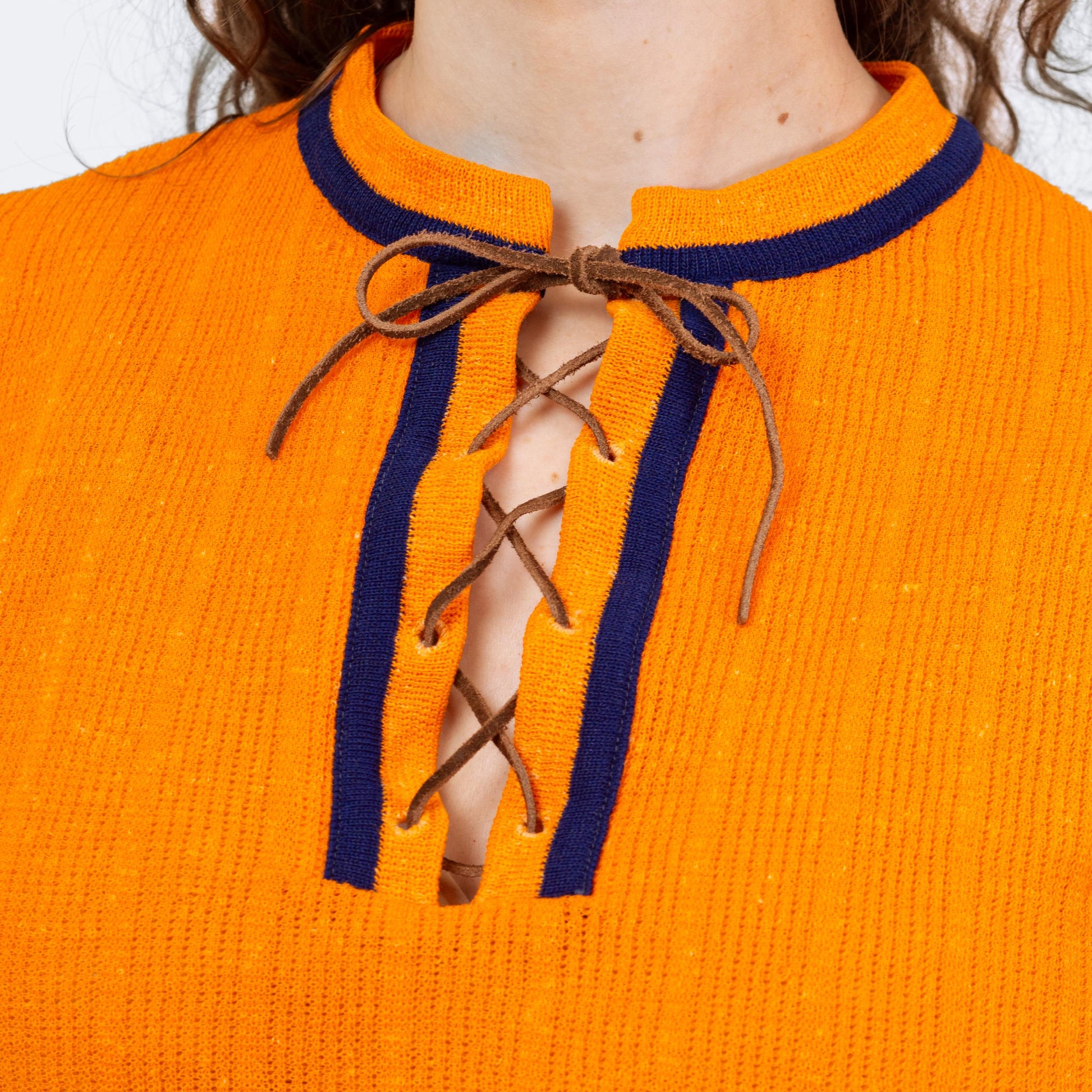 Vintage 60s 70s Orange Knit Lace Up Crop Top - Medium | Boho Short Sleeve Cropped Hippie Shirt