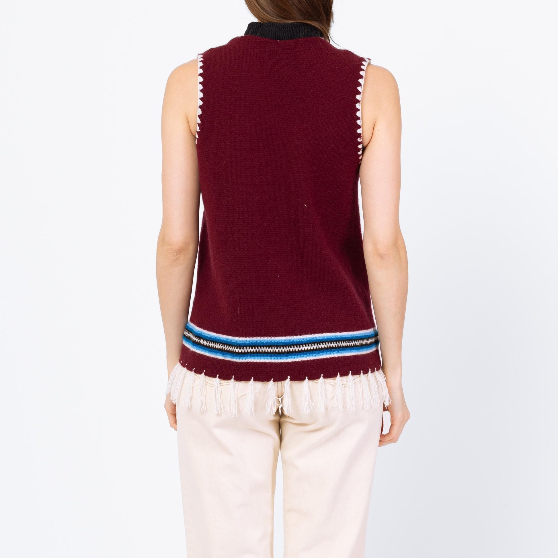 Vintage 70s Boho Deer & Cactus Knit Sweater Vest - Small | Plum Purple Western Fringe Hippie Top