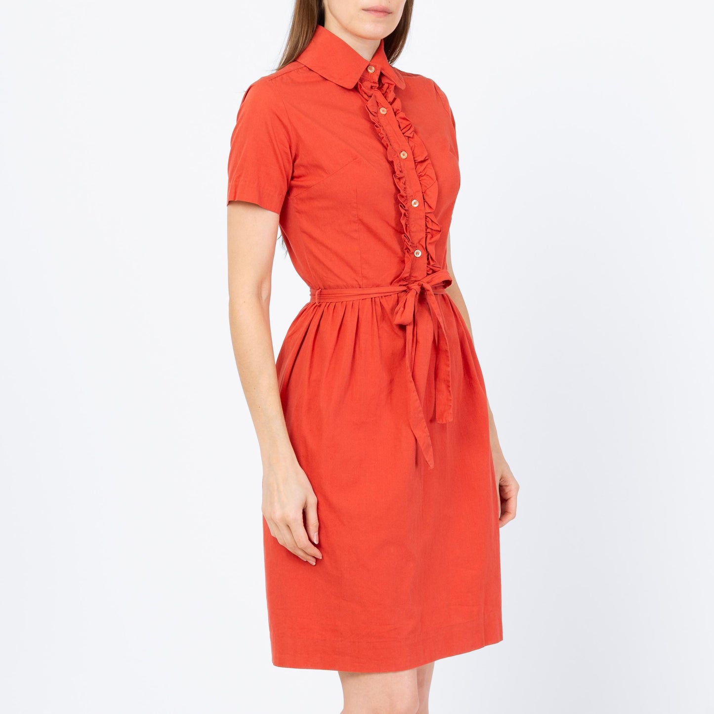 Vintage 50s 60s Salmon Pink Belted Shirtdress - Extra Small | Short Sleeve Ruffle Neck Button Up Mini Dress