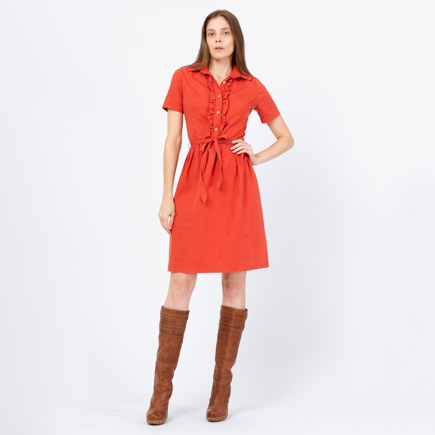 Vintage 50s 60s Salmon Pink Belted Shirtdress - Extra Small | Short Sleeve Ruffle Neck Button Up Mini Dress