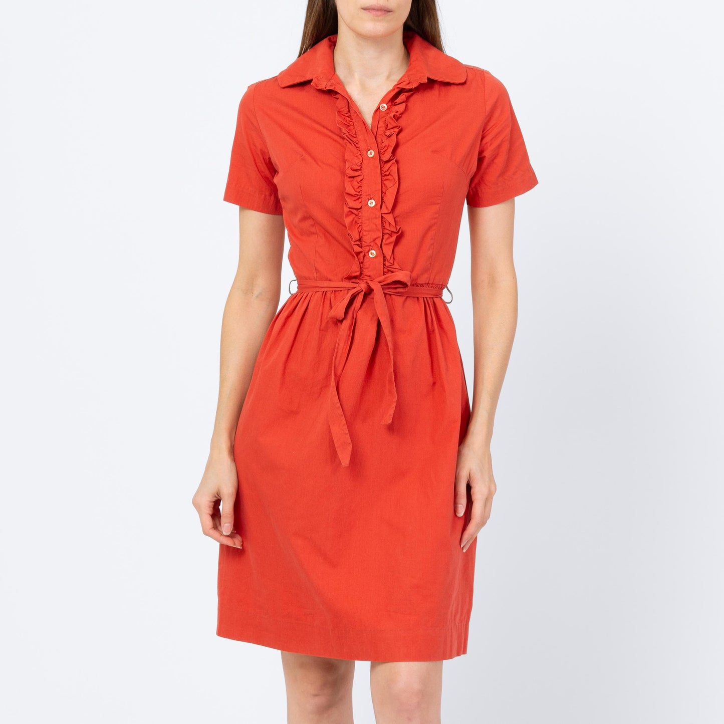 Vintage 50s 60s Salmon Pink Belted Shirtdress - Extra Small | Short Sleeve Ruffle Neck Button Up Mini Dress
