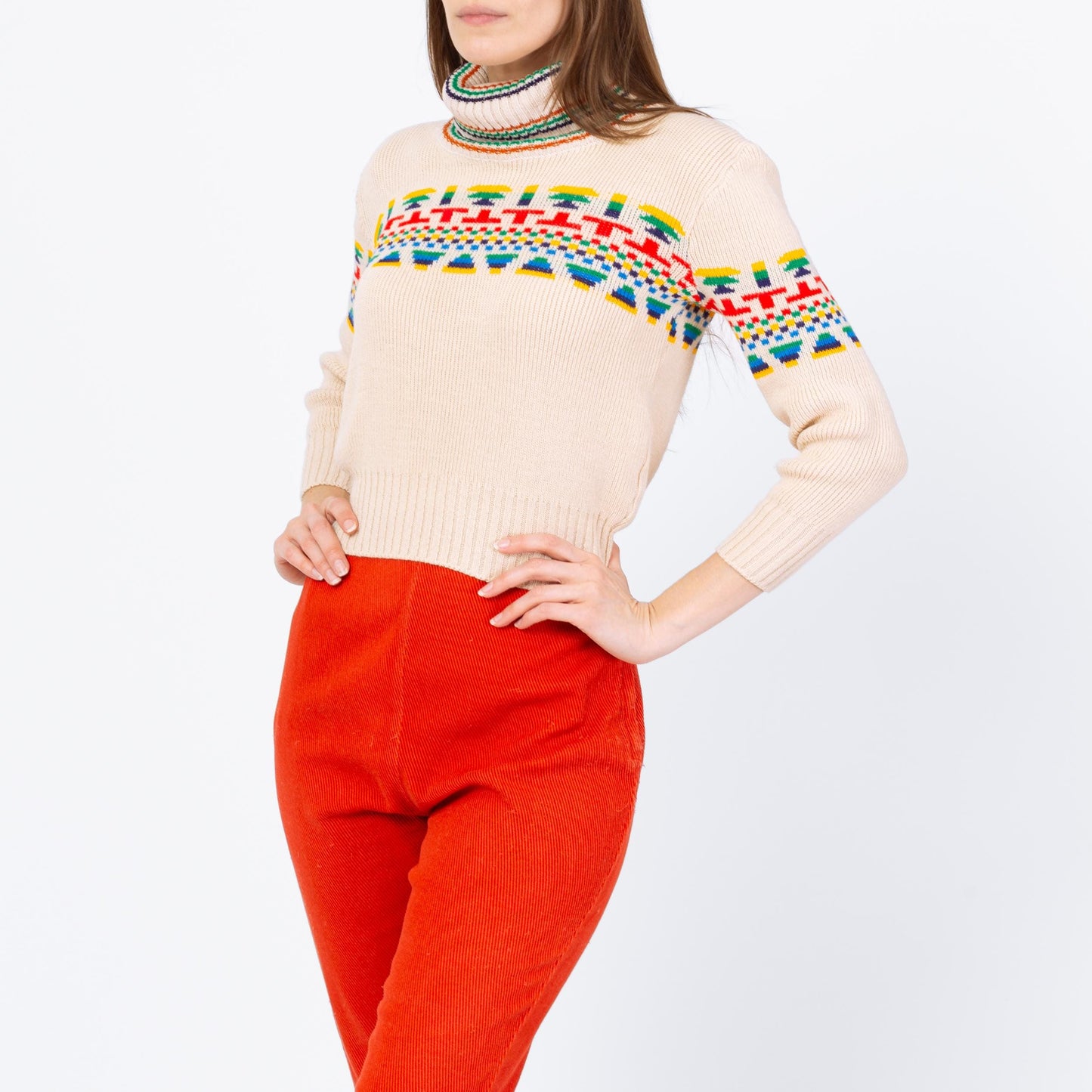 Vintage 70s Southwestern Striped Turtleneck Crop Top Sweater - Extra Small | Soft Cream Knit Cropped Pullover