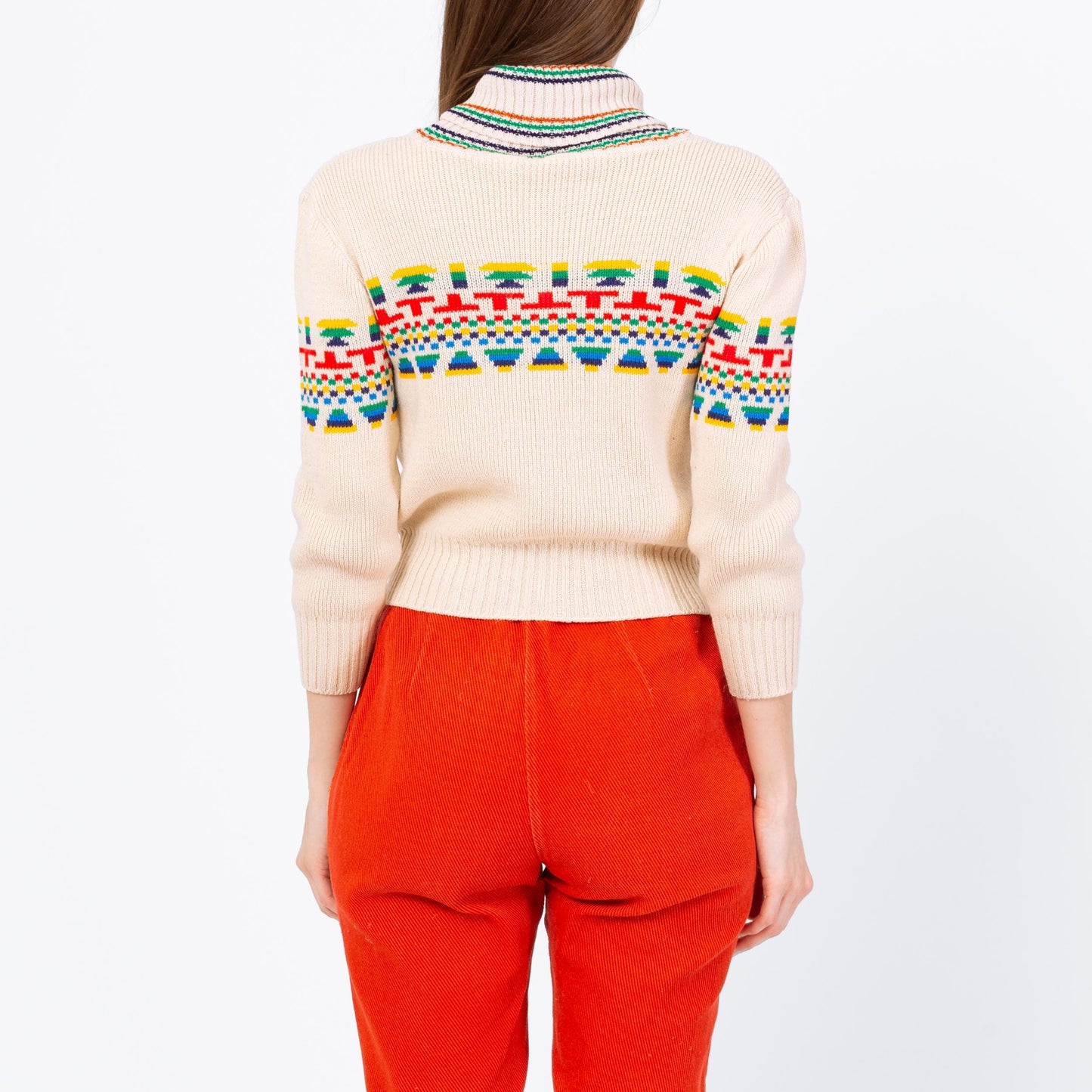 Vintage 70s Southwestern Striped Turtleneck Crop Top Sweater - Extra Small | Soft Cream Knit Cropped Pullover