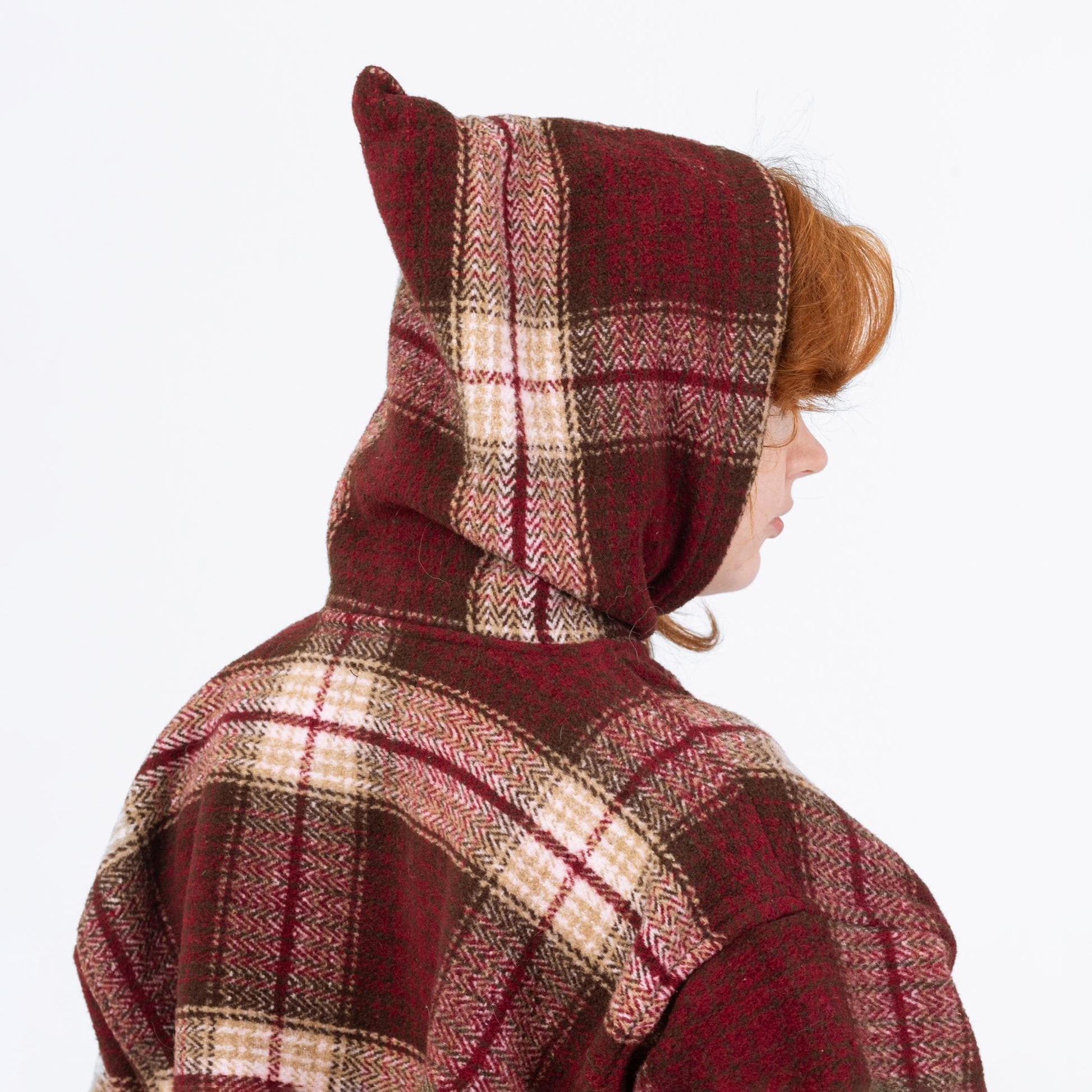Vintage 90s Red Plaid Hooded Blanket Coat - Large | Western Zip Up Cropped Hoodie Baja Jacket
