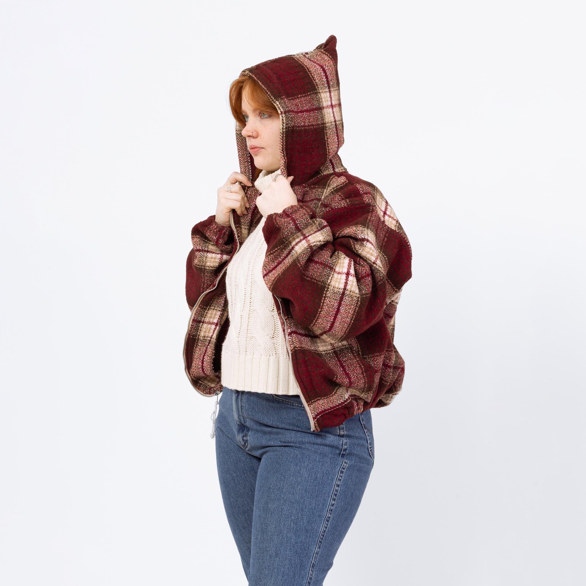 Vintage 90s Red Plaid Hooded Blanket Coat - Large | Western Zip Up Cropped Hoodie Baja Jacket