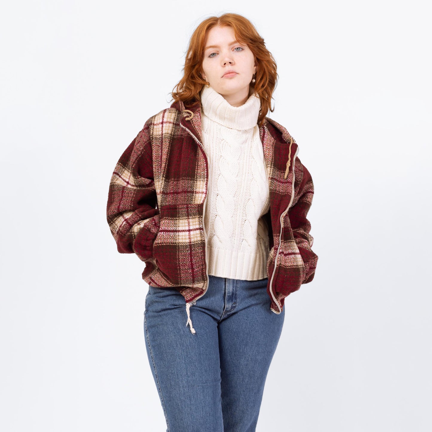 Vintage 90s Red Plaid Hooded Blanket Coat - Large | Western Zip Up Cropped Hoodie Baja Jacket