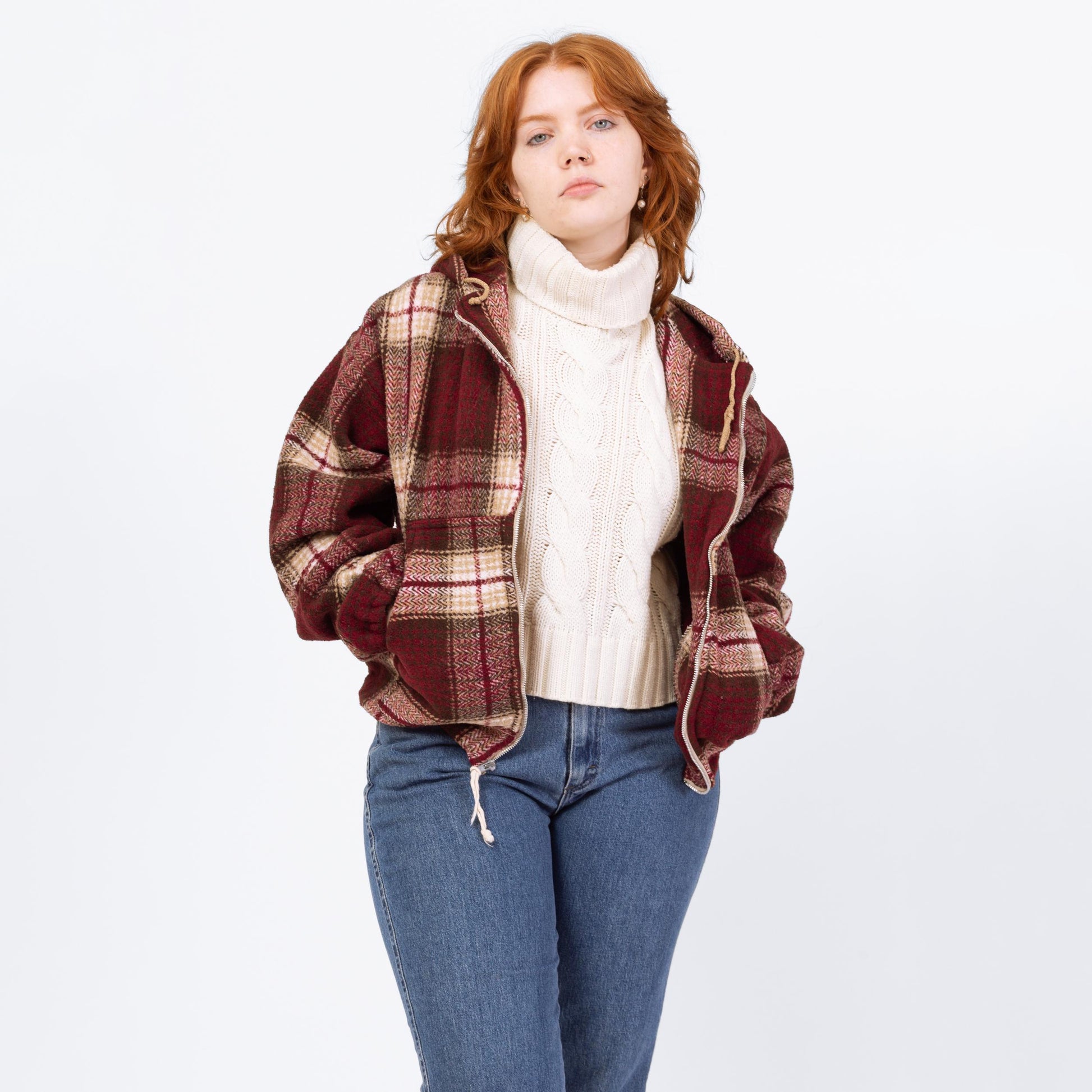 Vintage 90s Red Plaid Hooded Blanket Coat - Large | Western Zip Up Cropped Hoodie Baja Jacket