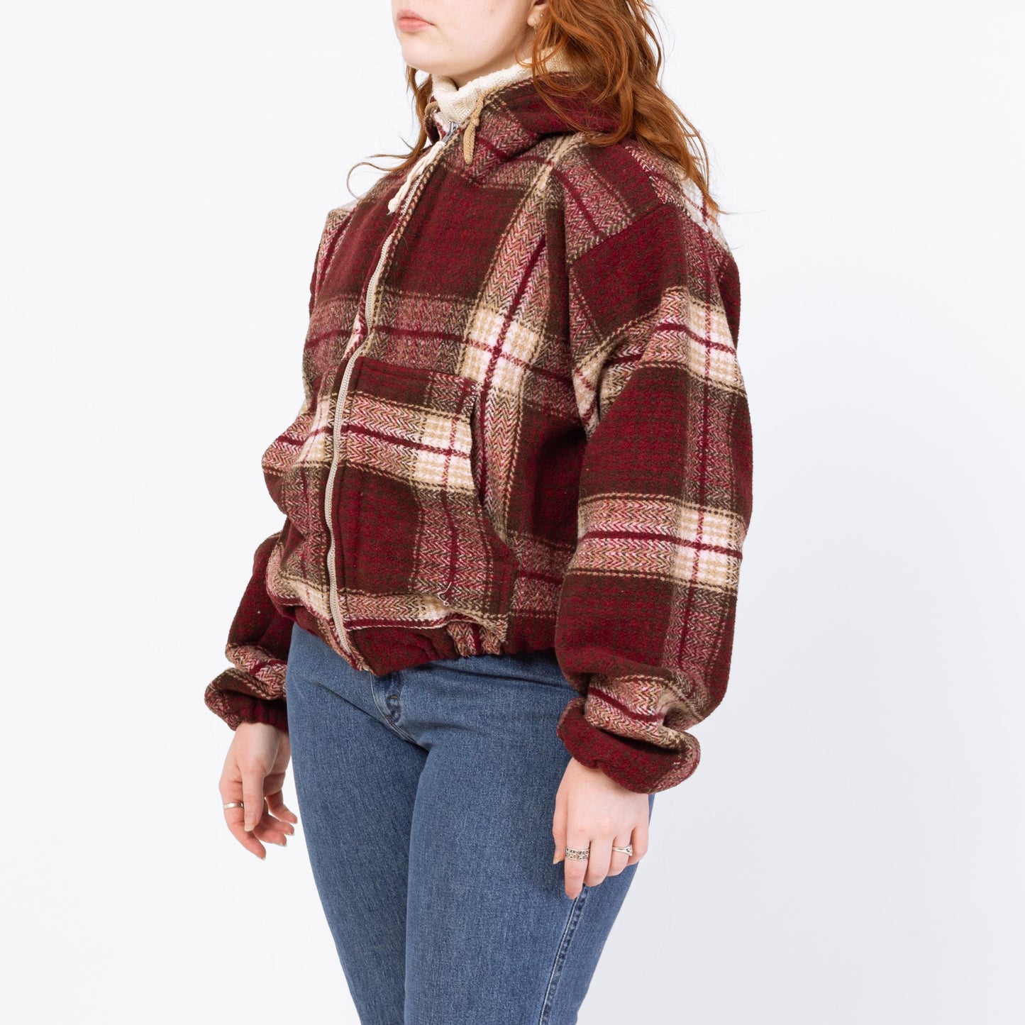 Vintage 90s Red Plaid Hooded Blanket Coat - Large | Western Zip Up Cropped Hoodie Baja Jacket