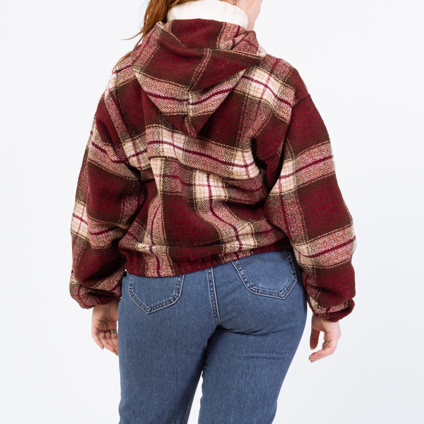 Vintage 90s Red Plaid Hooded Blanket Coat - Large | Western Zip Up Cropped Hoodie Baja Jacket