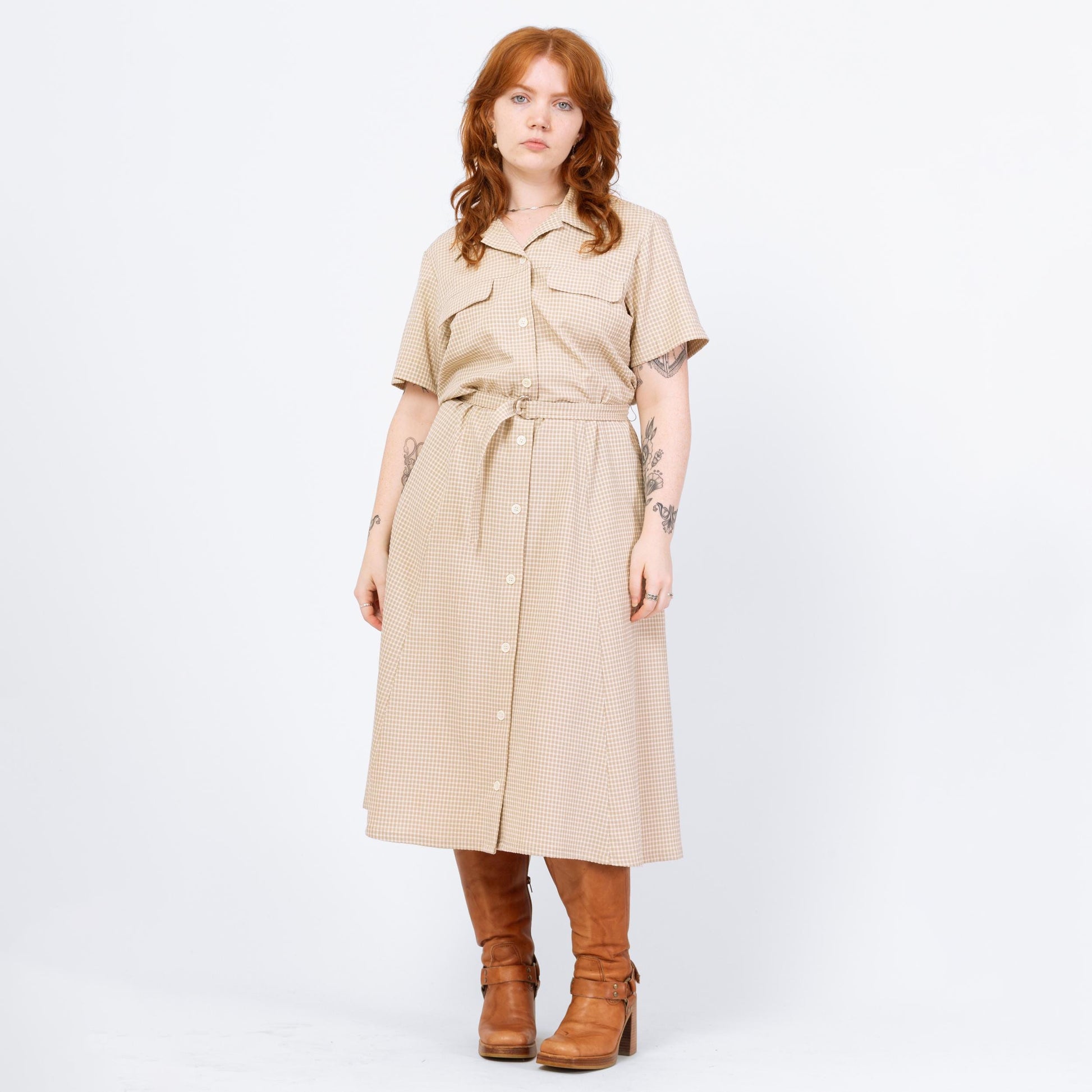 Vintage 90s Taupe Gingham Seersucker Belted Midi Shirtdress - Extra Large | Lightweight Button Up Collared Short Sleeve Dress