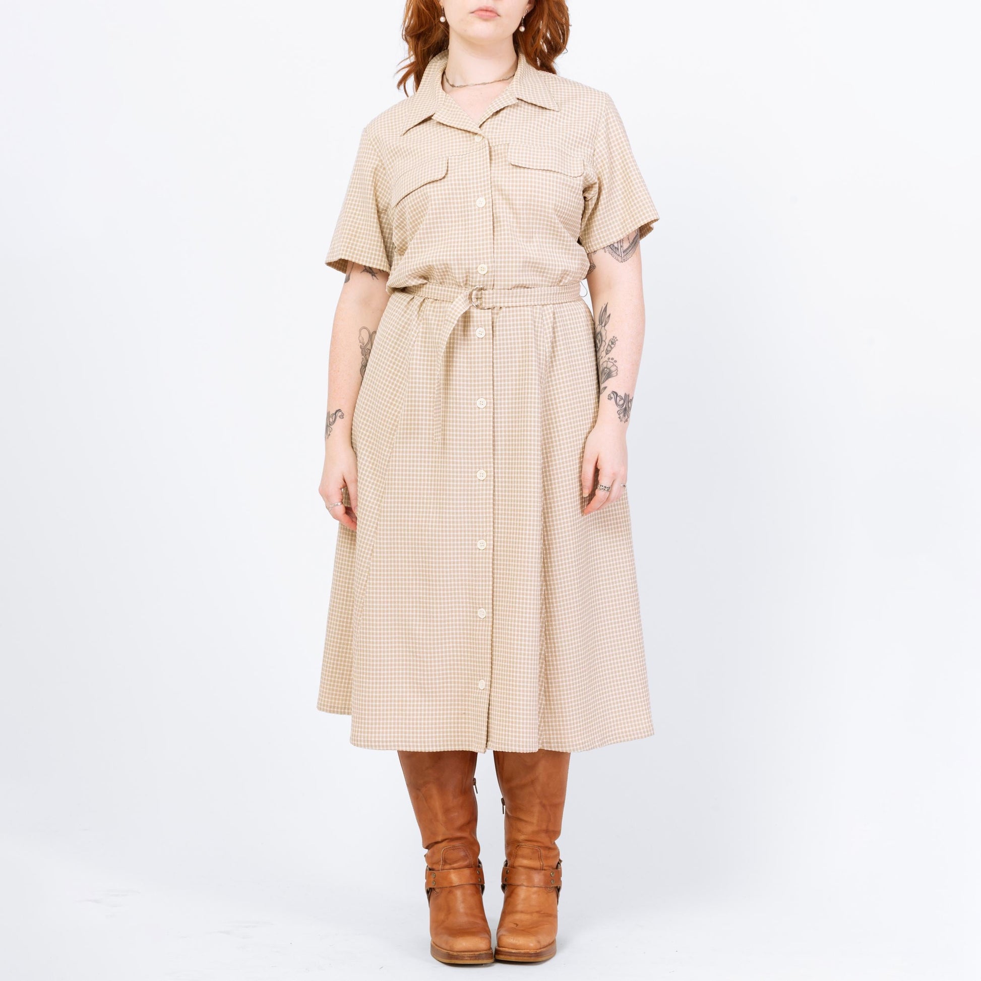 Vintage 90s Taupe Gingham Seersucker Belted Midi Shirtdress - Extra Large | Lightweight Button Up Collared Short Sleeve Dress
