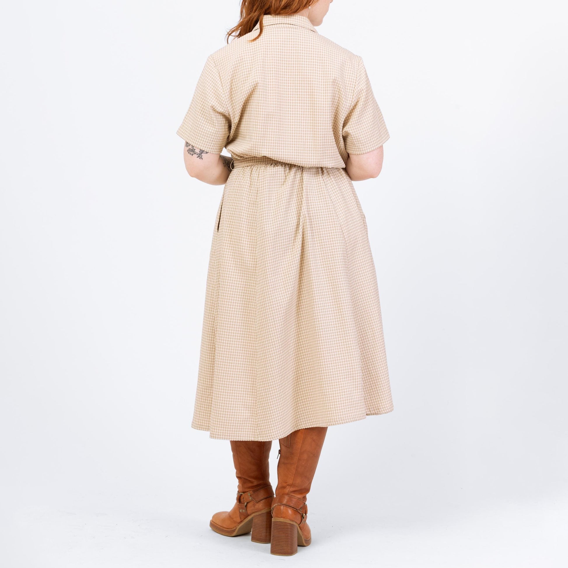 Vintage 90s Taupe Gingham Seersucker Belted Midi Shirtdress - Extra Large | Lightweight Button Up Collared Short Sleeve Dress