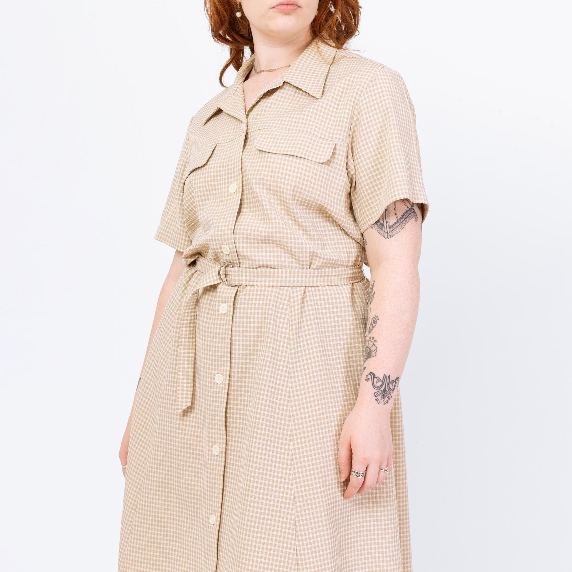Vintage 90s Taupe Gingham Seersucker Belted Midi Shirtdress - Extra Large | Lightweight Button Up Collared Short Sleeve Dress