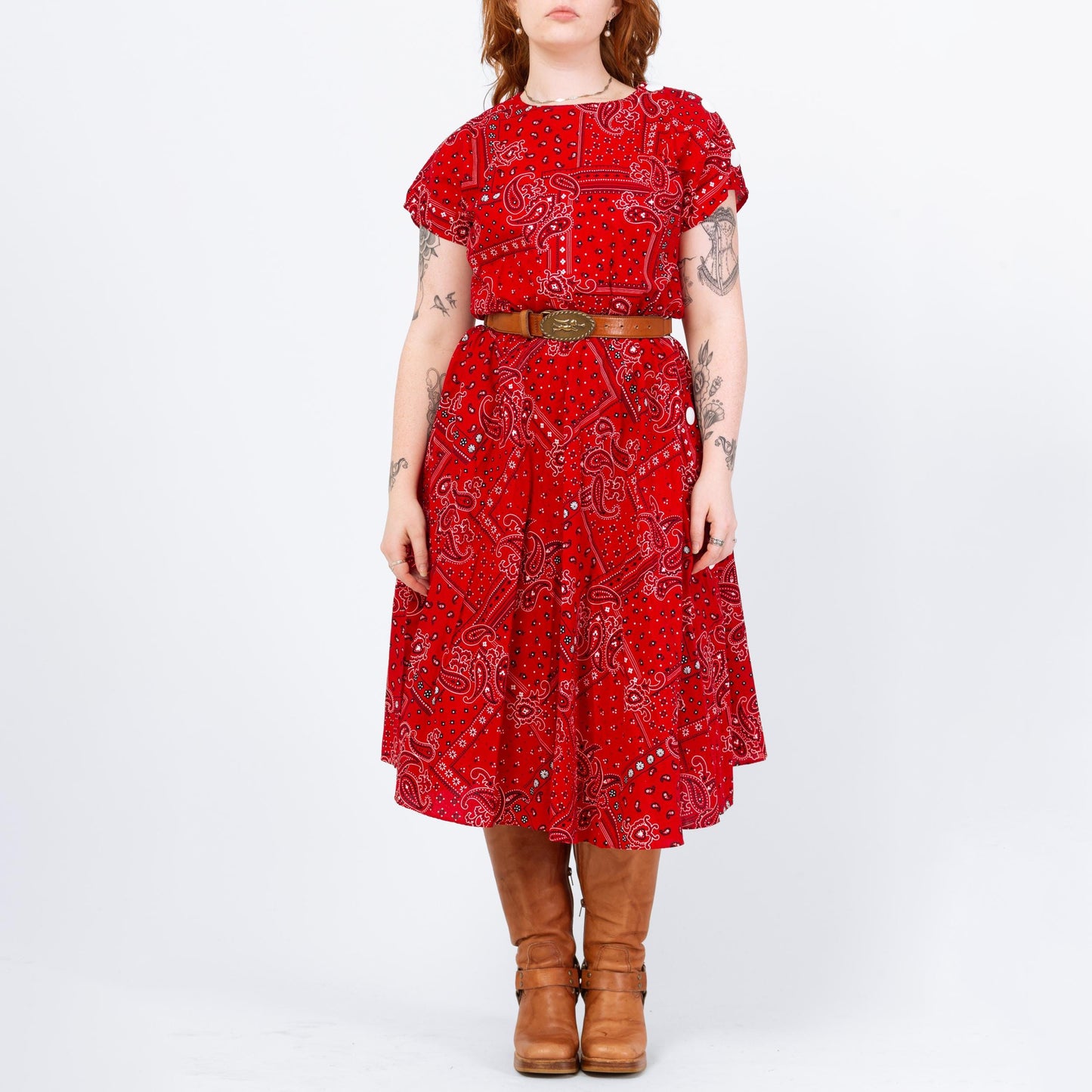Vintage 80s Red Bandana Print Square Dance Dress - Large | Western Short Sleeve Fit Flare Midi Shirtdress