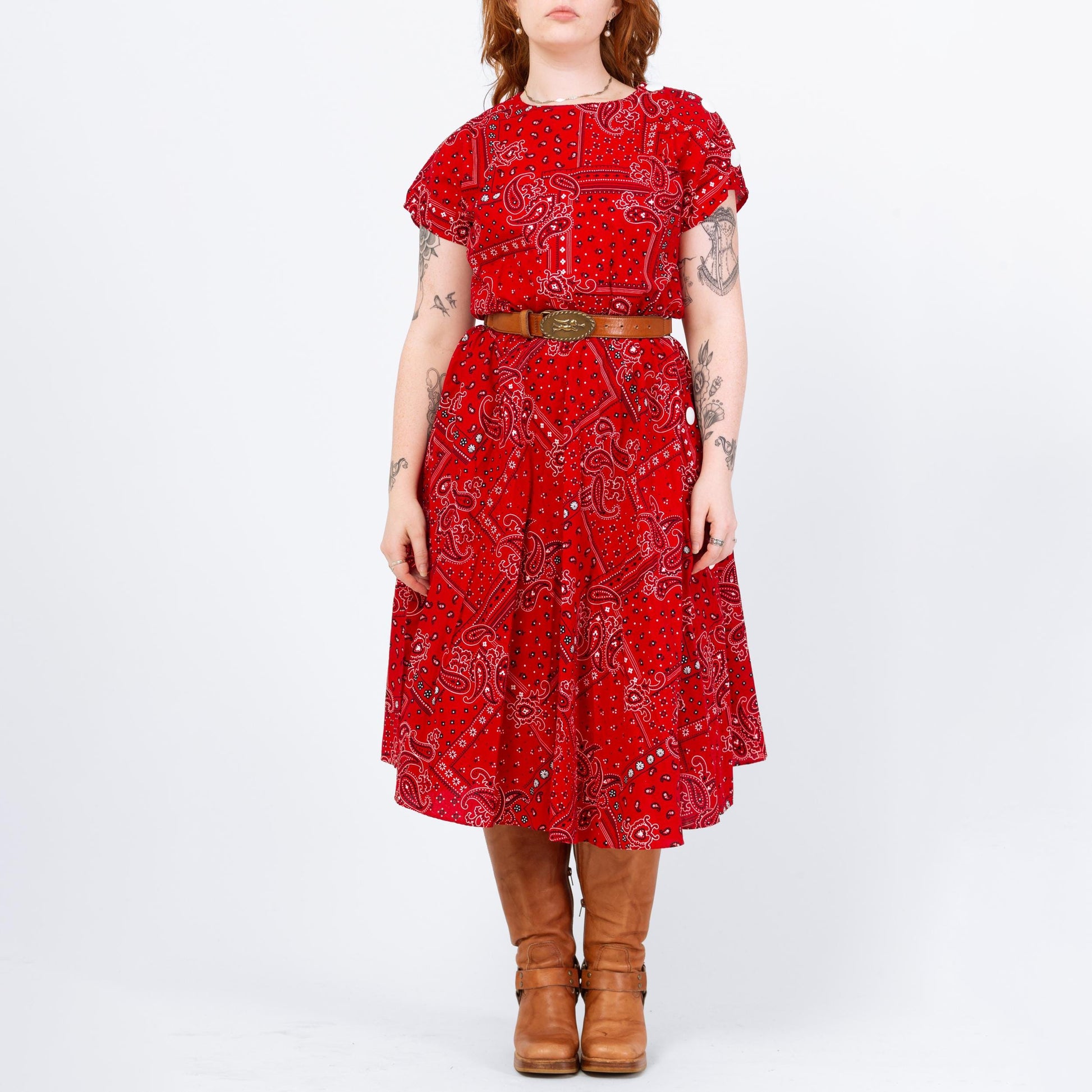 Vintage 80s Red Bandana Print Square Dance Dress - Large | Western Short Sleeve Fit Flare Midi Shirtdress