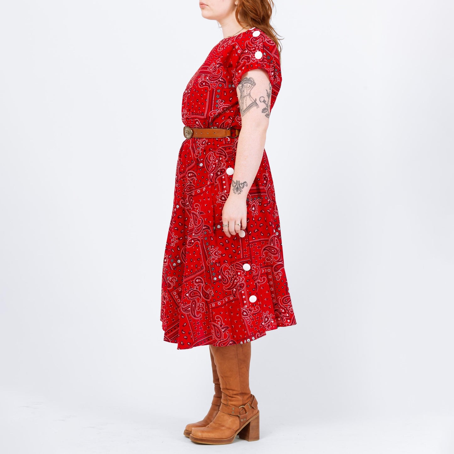 Vintage 80s Red Bandana Print Square Dance Dress - Large | Western Short Sleeve Fit Flare Midi Shirtdress