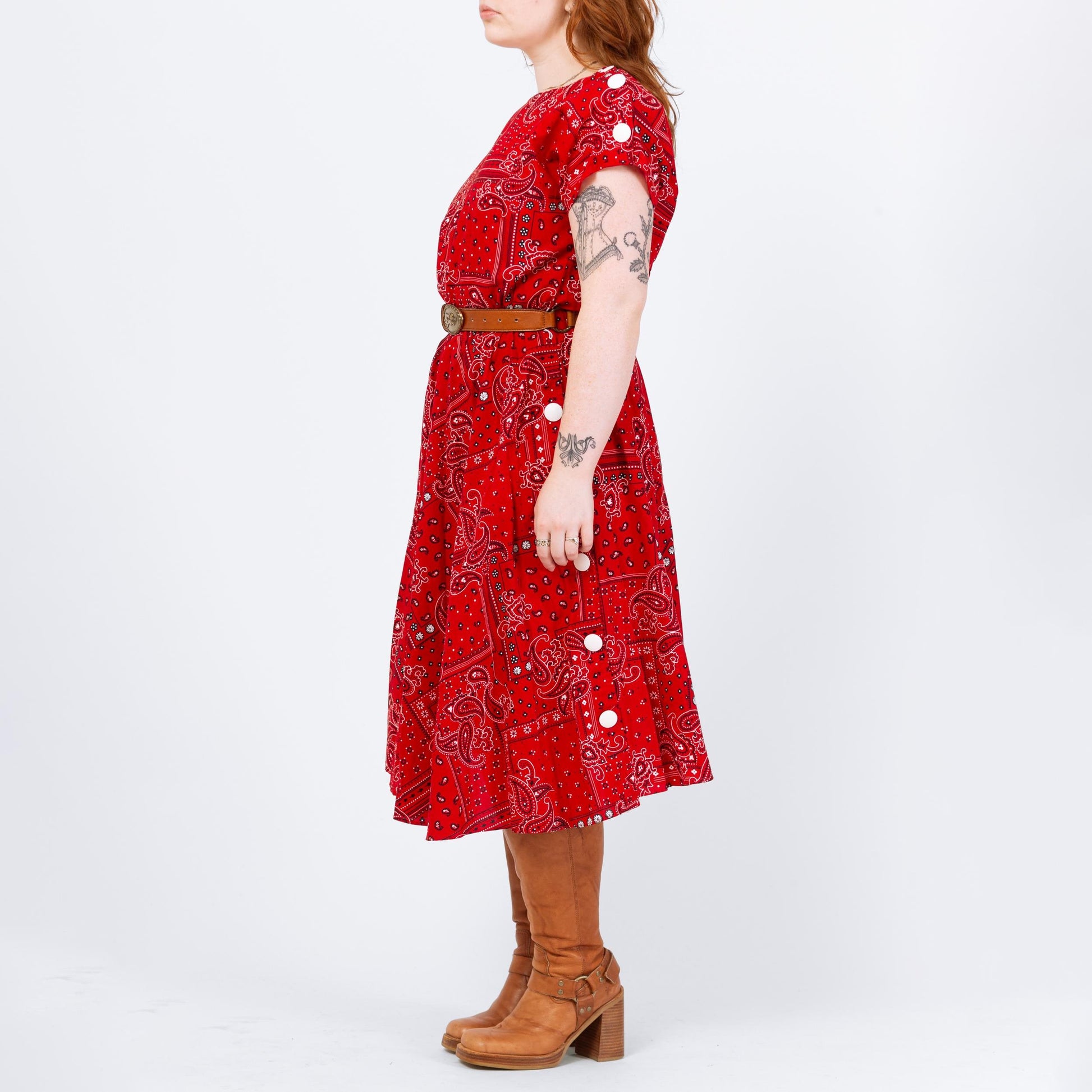 Vintage 80s Red Bandana Print Square Dance Dress - Large | Western Short Sleeve Fit Flare Midi Shirtdress