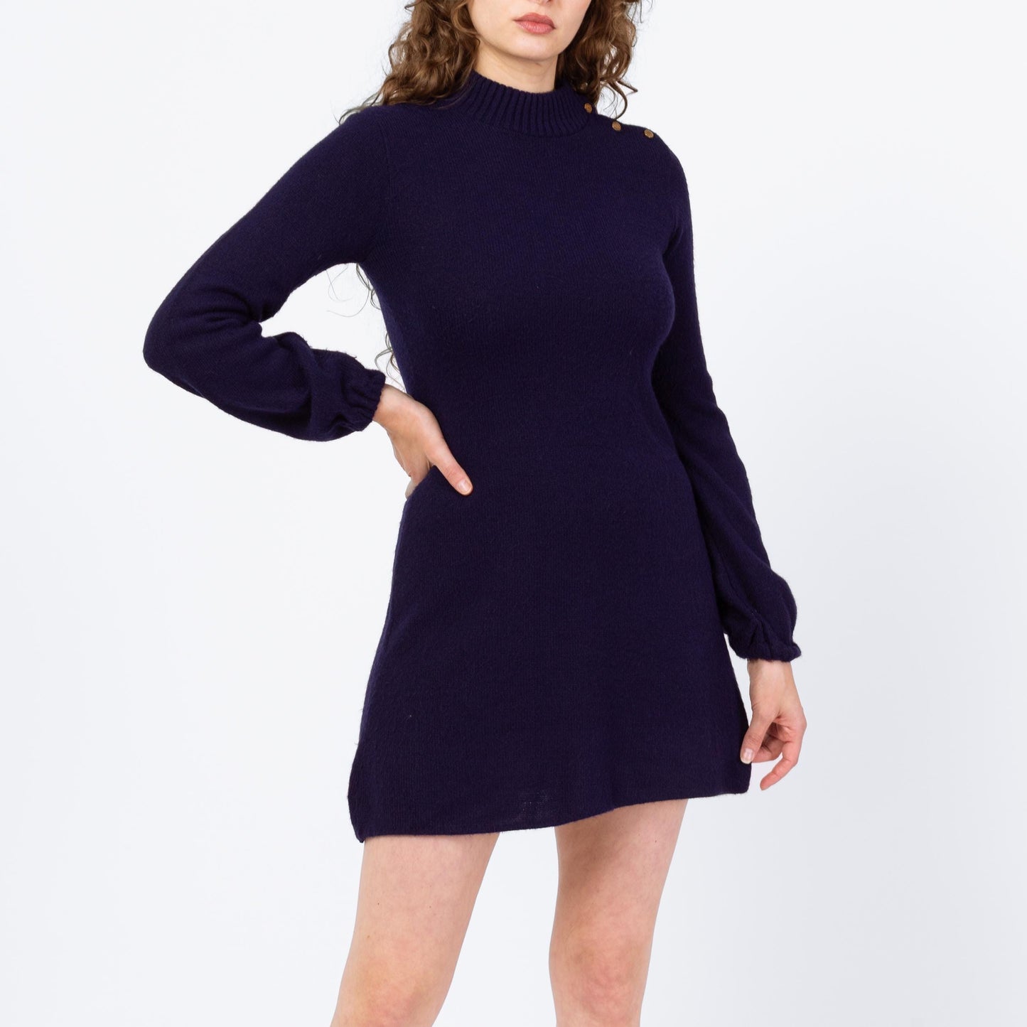 Vintage 70s Navy Blue Balloon Sleeve Mini Sweater Dress - Medium