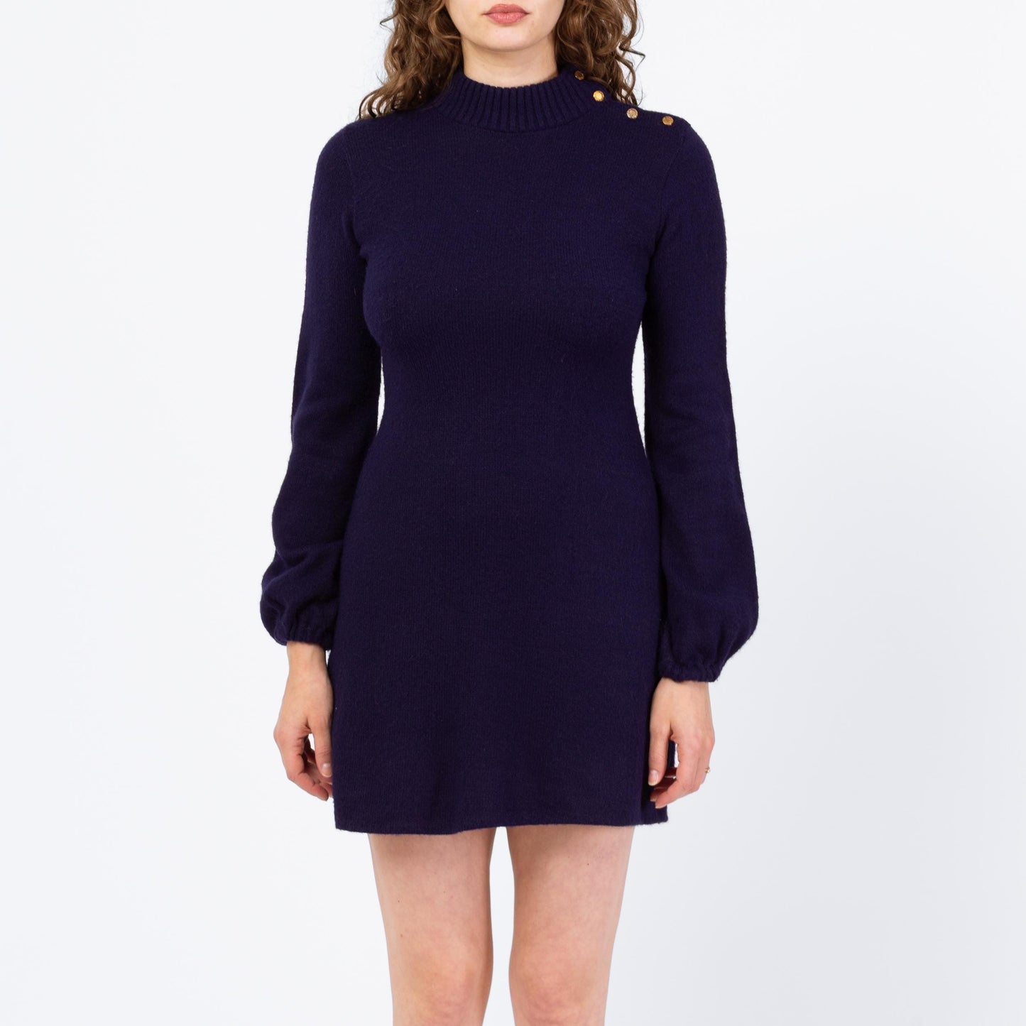 Vintage 70s Navy Blue Balloon Sleeve Mini Sweater Dress - Medium