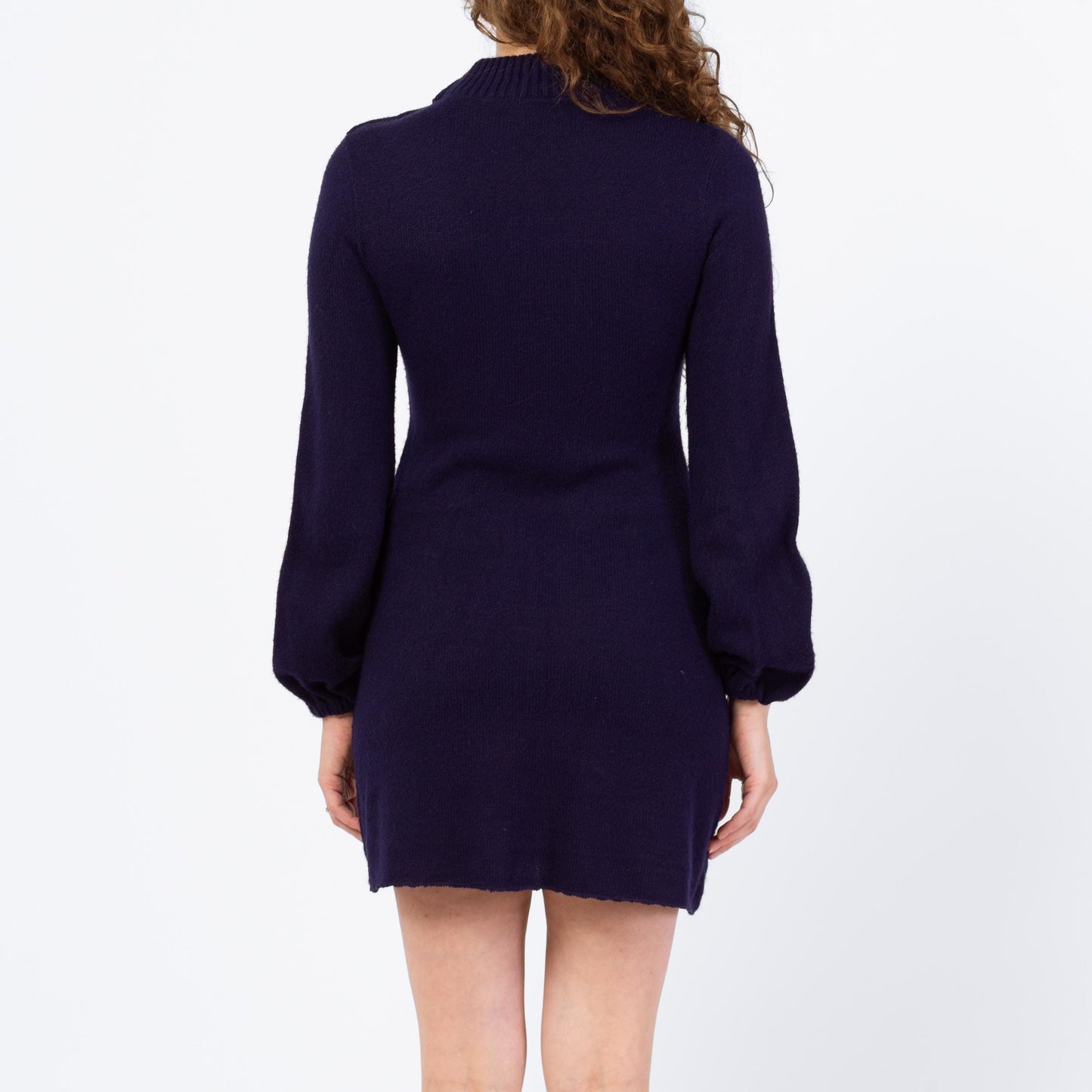 Vintage 70s Navy Blue Balloon Sleeve Mini Sweater Dress - Medium